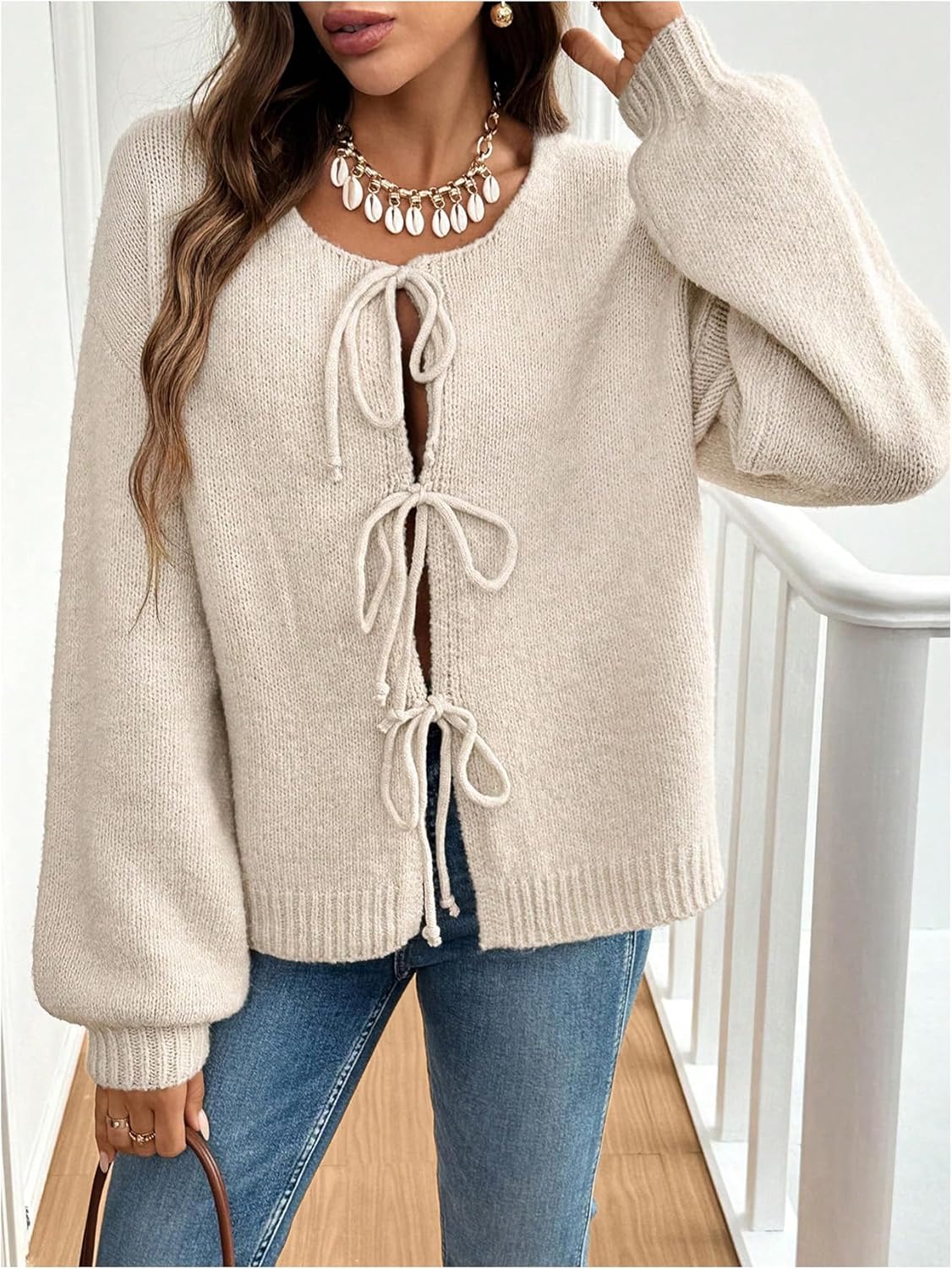 Verdusa Women's Bow Tie Front Drop Shoulder Long Sleeve Knit Cardigan Sweaters - Image 3