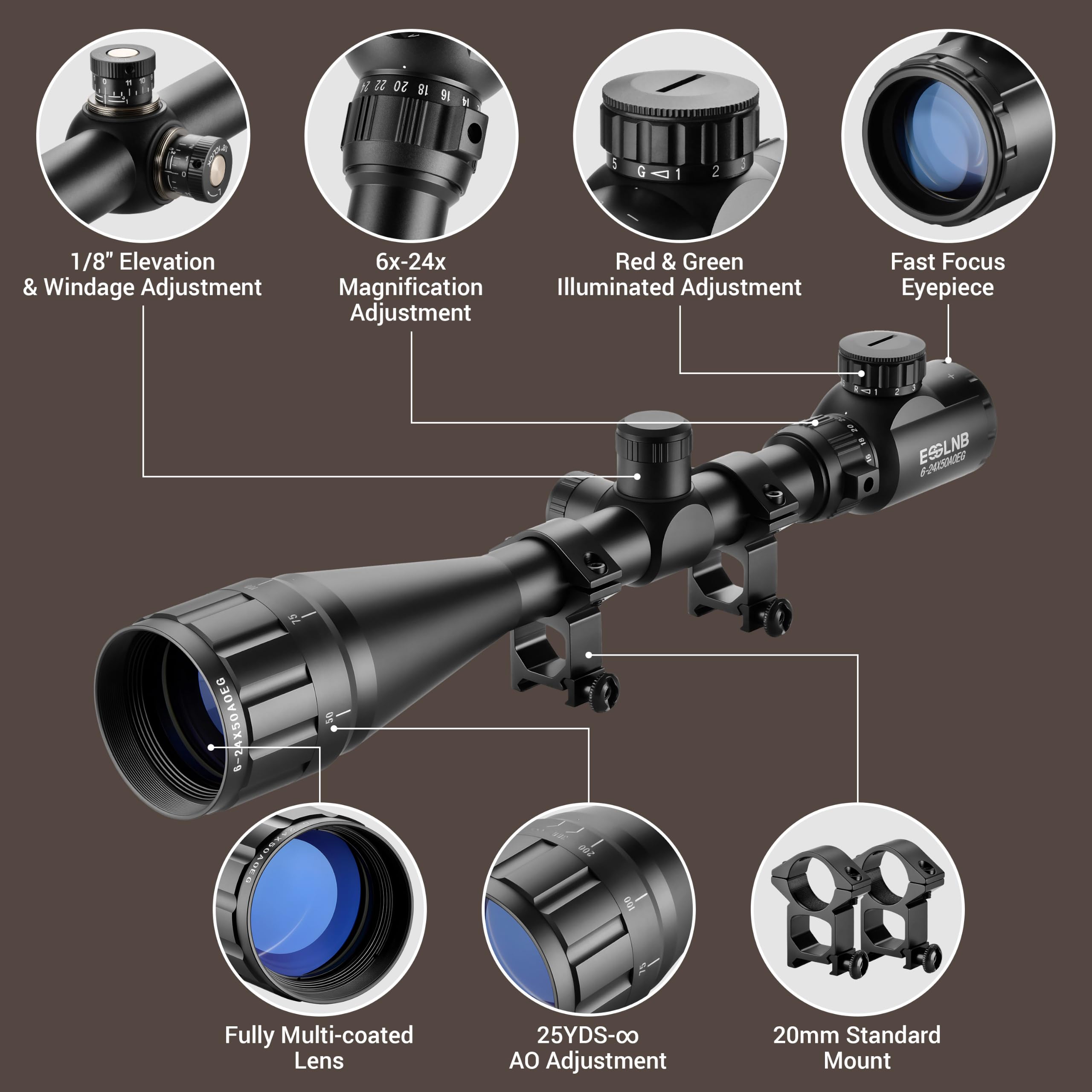 ESSSNB Airsoft Lunette De Visée 6-24x50 avec Télémètre AOEG 5 Luminosité Réglages pour 20mm/22mm Weaver/Picatinny Montage sur Rail et des couvertures Lentille Optique pour la Chasse