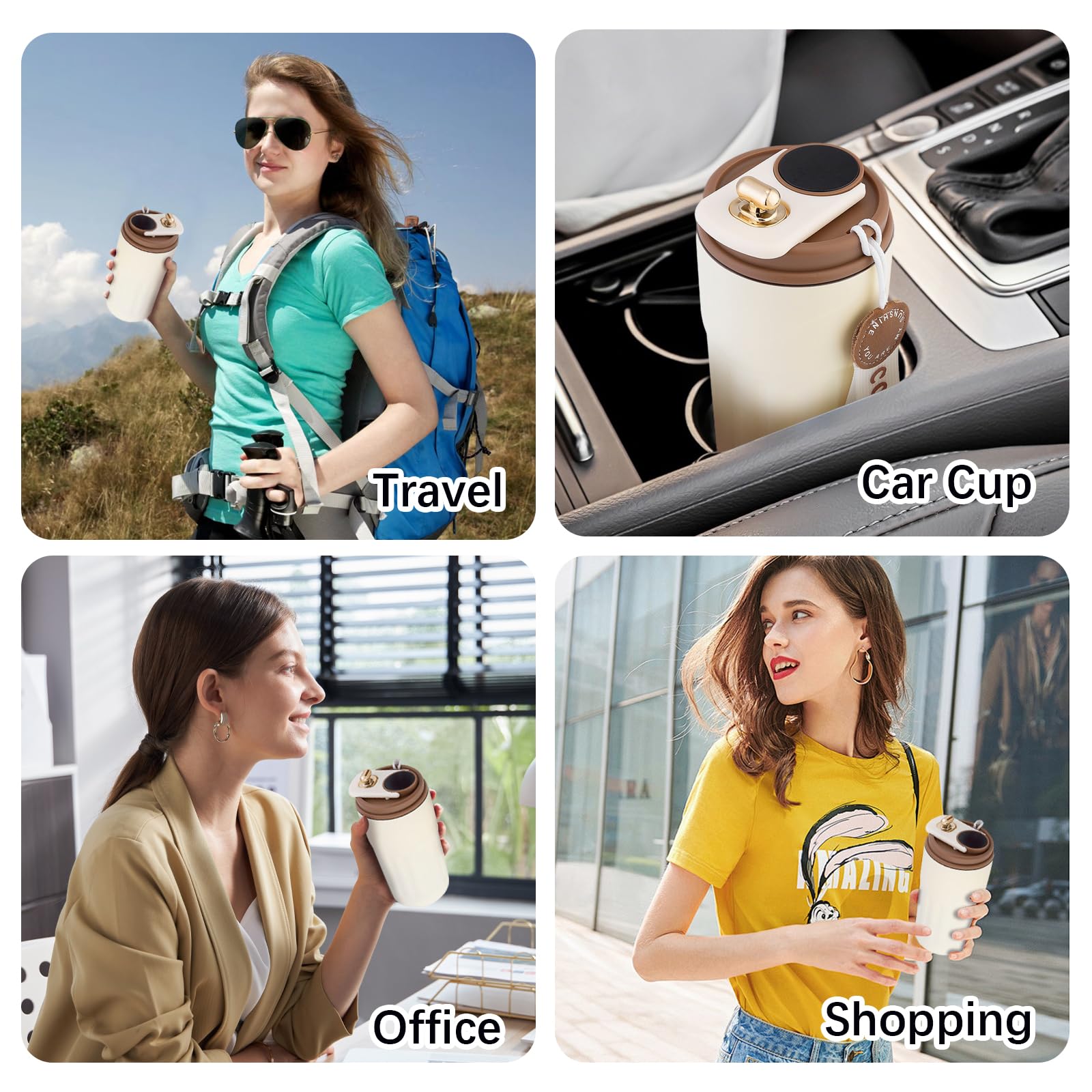 Edelstahl-Kaffeebecher mit Temperaturanzeige, Reise-Kaffeetasse, intelligenter isolierter Reise-Kaffeebecher, Sommer, Kühlaufbewahrung, tragbarer Kaffeebecher für Auto (Weißbraun)