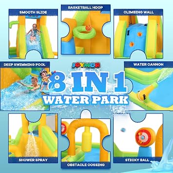 JOYMOR 10-in-1 Inflatable Water Slide Bounce House w/Deeper Pool, Obstacle Course, Climbing Wall, 1min Blow Up Water Slides for Kids Backyard Party Gift (Yellow & Green)
