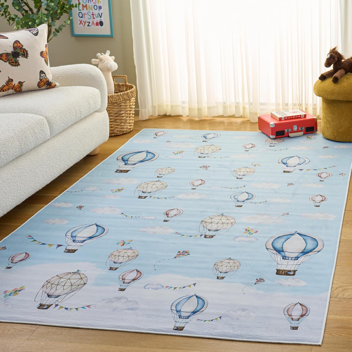 SAFAVIEH Washable Rug Tacoma Kids Collection - 5' x 8', Ivory & Blue, Slip Resistant & Easy to Clean, Ideal for Boys & Girls in Playroom, Nursery, Bedroom (TCK159A)