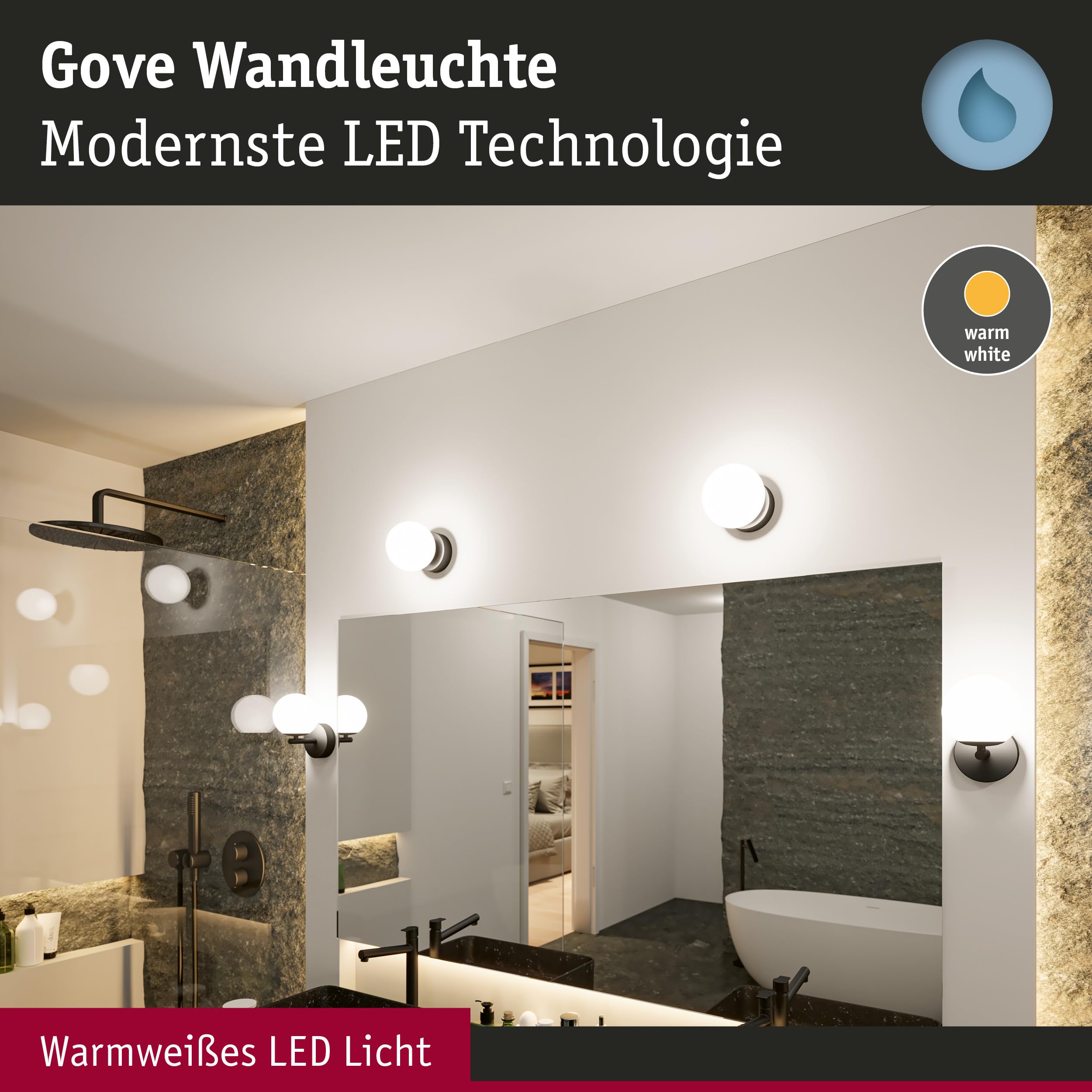Paulmann 71074 Aplique LED Selection Bathroom Gove IP44 3000K 400lm 230V 5W, negro mate, satinado luminaria de baño