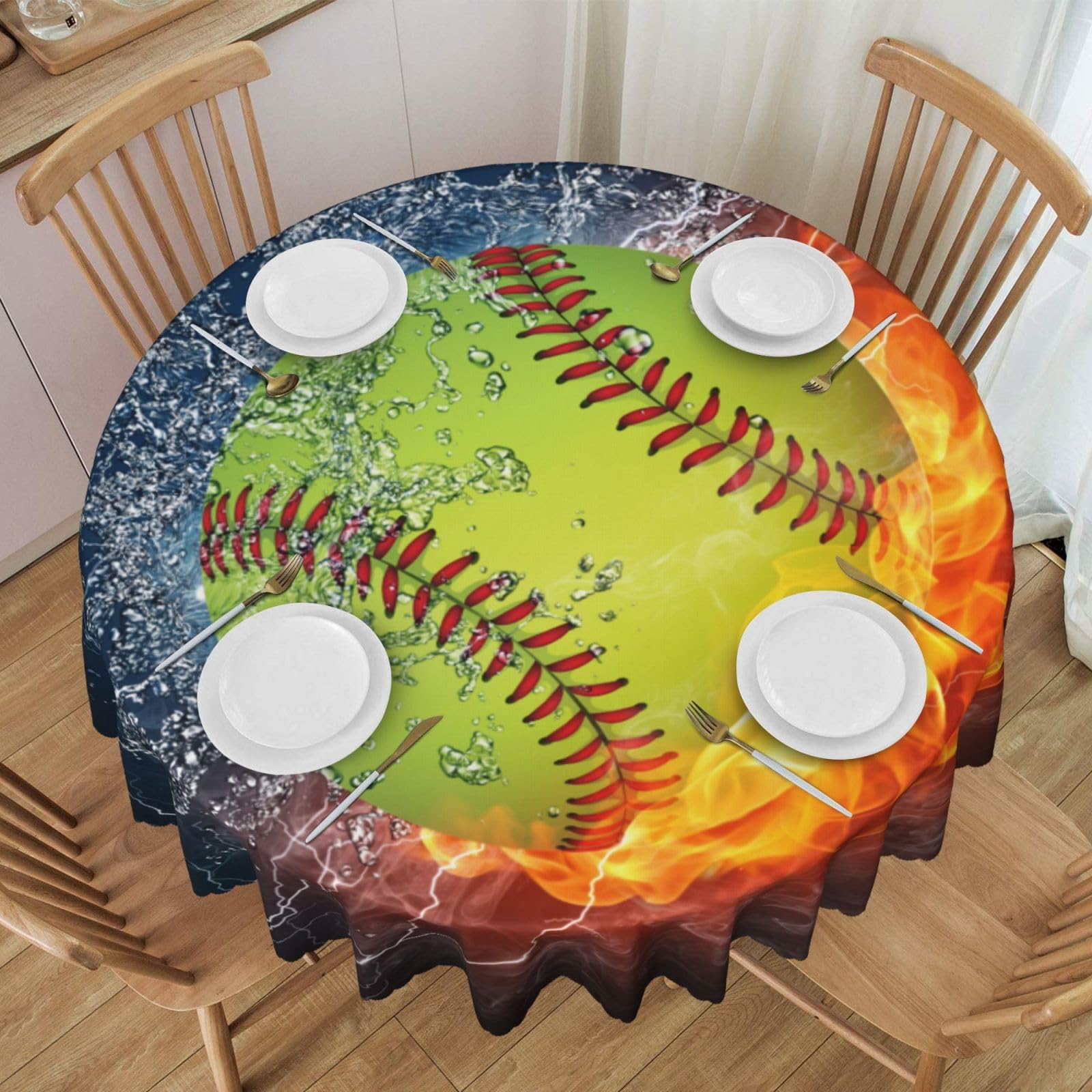 DCEHGEW 60 In Round Tablecloth with Lace, Orange Softball Baseball on Fire and Water Printed Oilproof & Washable Fabric Picnic Table Cloth Table Covers