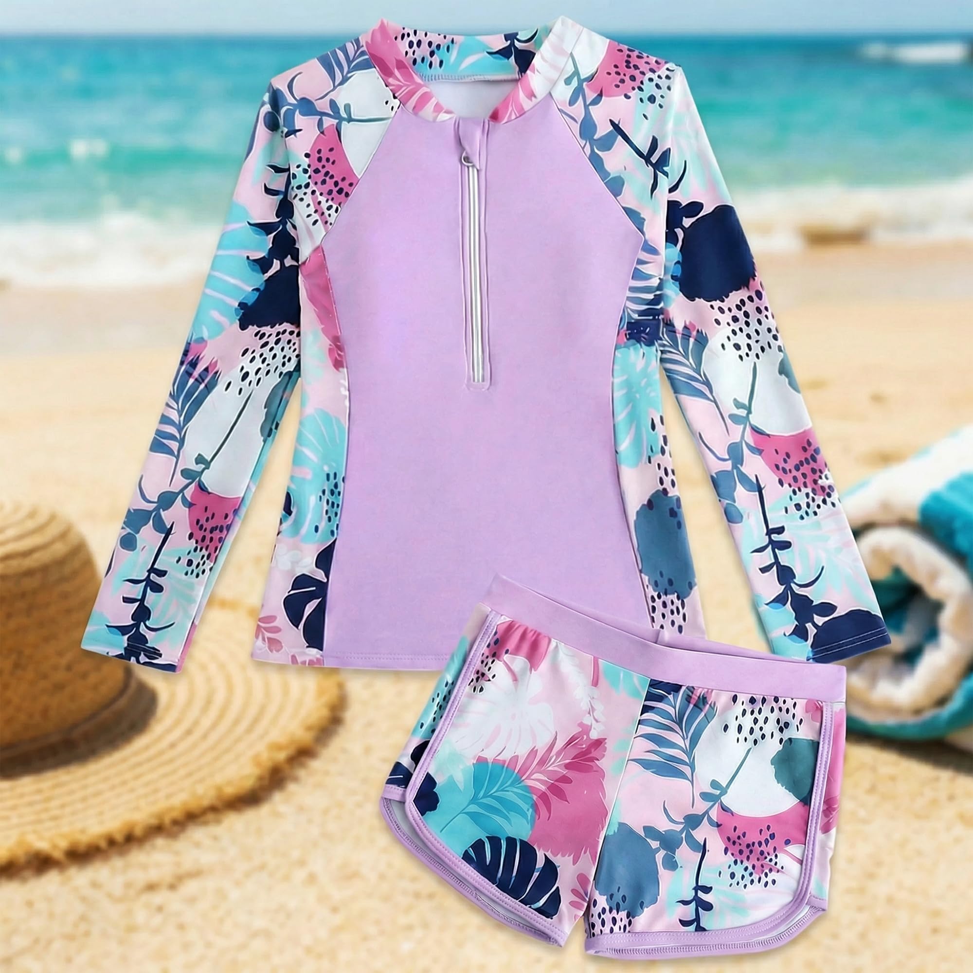 Traje de Baño Niña 2 Piezas Manga Larga Protección Solar, Estampado Top con Cremallera y Shorts Secado Rápido, Bañador Suaves Rash Guard Playa Piscina Ropa para 5-13 Años