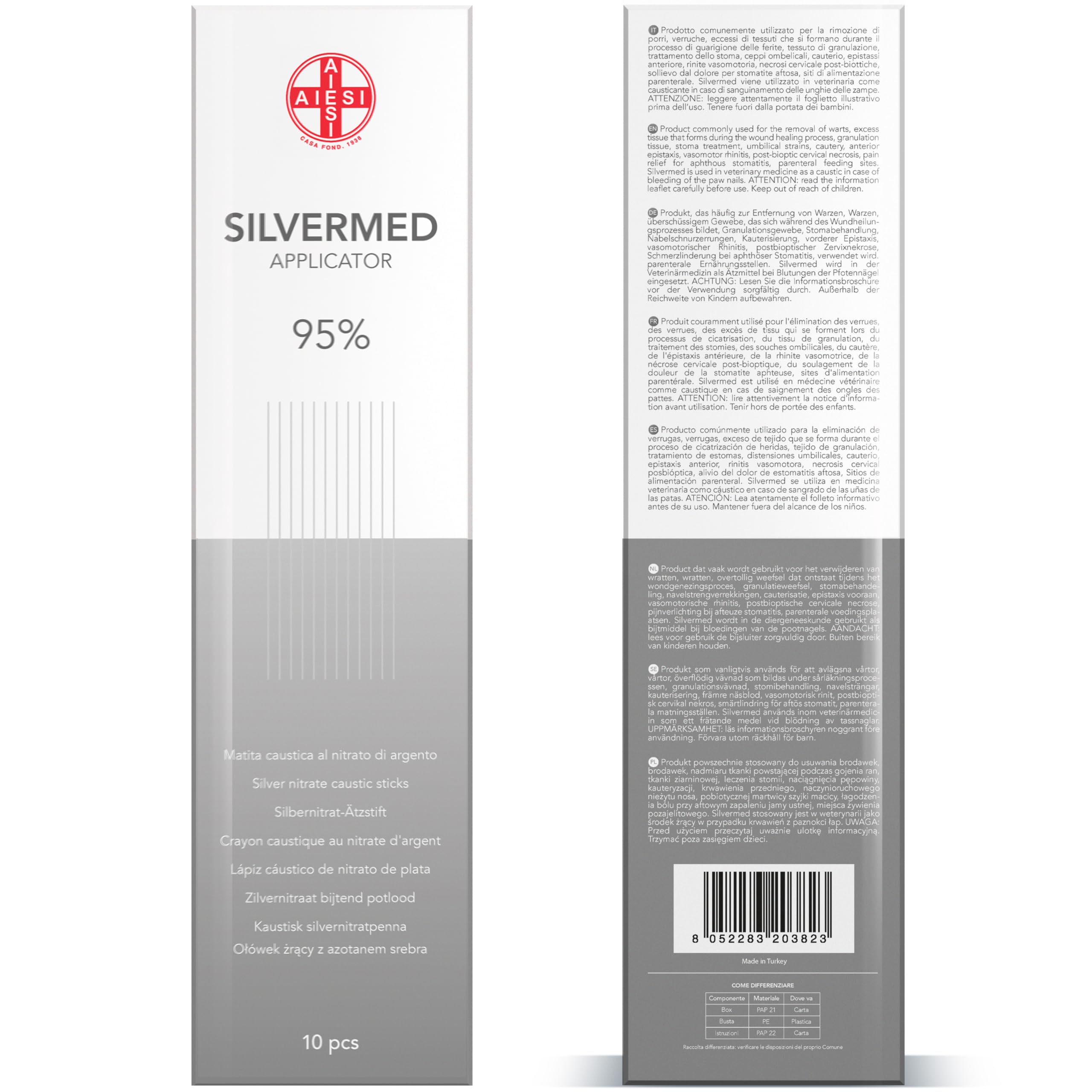 AIESI® Lápiz Cáustico de nitrato de plata al 95% para eliminar verrugas mezquinos y tejidos SILVERMED 95 (Paquete de 10 aplicadores)