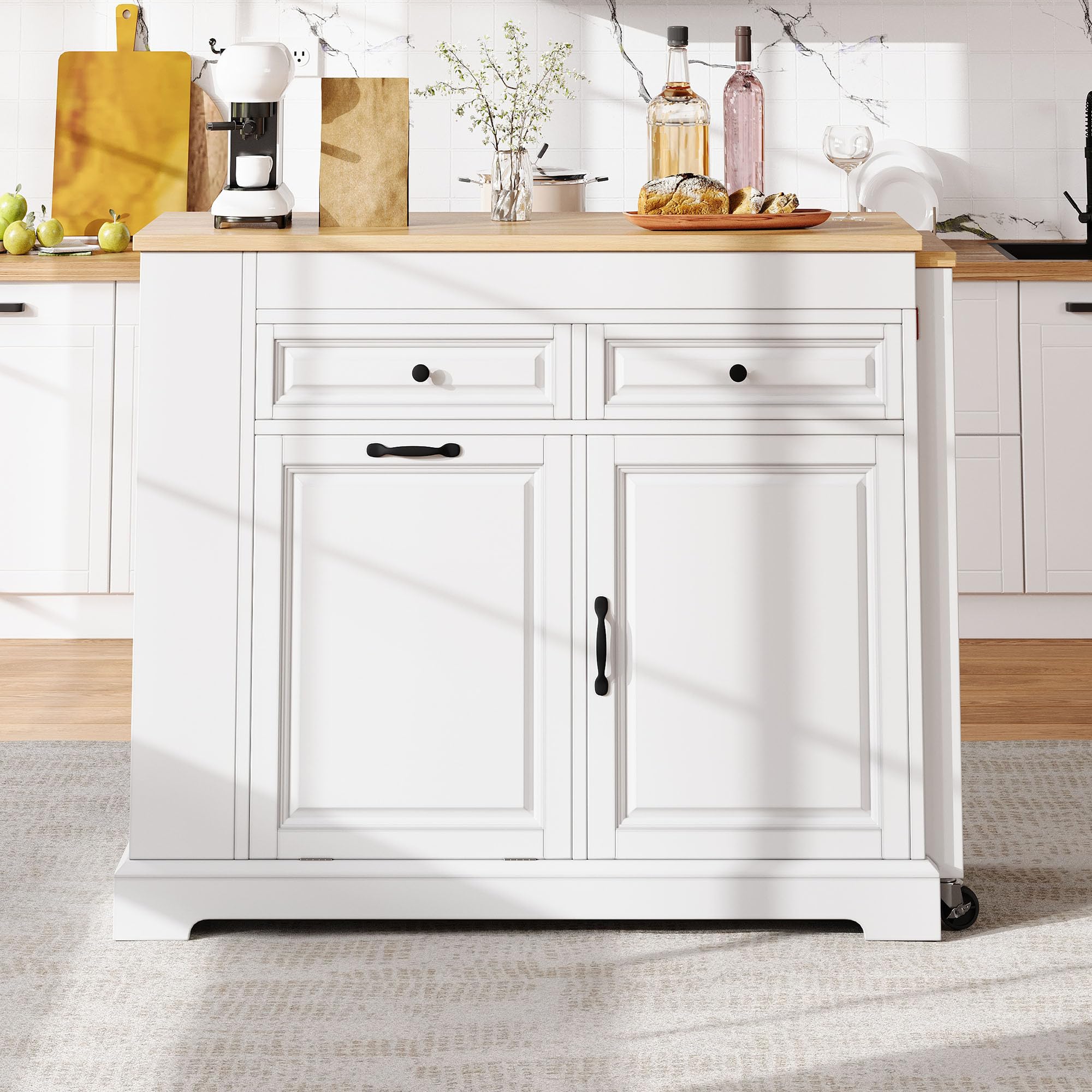 Isola da cucina su ruote, sala da pranzo estensibile con scomparto pattumiera e cassetti, isola mobile da cucina autoportante, ideale per cucina e sala da pranzo, bianco + naturale