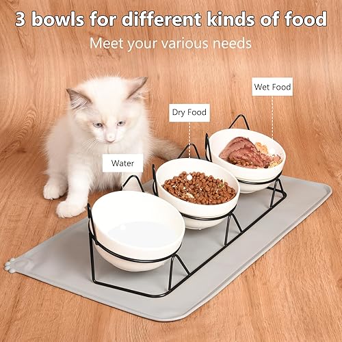 Miniatura 3 de Paquete de 3 cuencos de cerámica para gatos, cuenco elevado de cerámica con tapete de comida para mascotas, cuenco elevado de 15 inclinado para