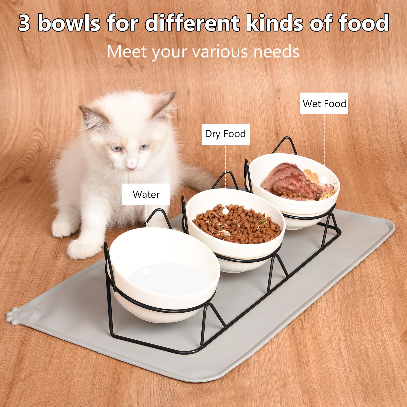 Yamitora Katzen Napf 3er Set,Katzen Futternapf Erhöht Keramik Einzeln mit Unterlage Hunde Erhöhter Katzenschale Fressnapf Katze Porzellan Futter und Wasserspender Katzen Napfset Edelstahl(Schwarz)