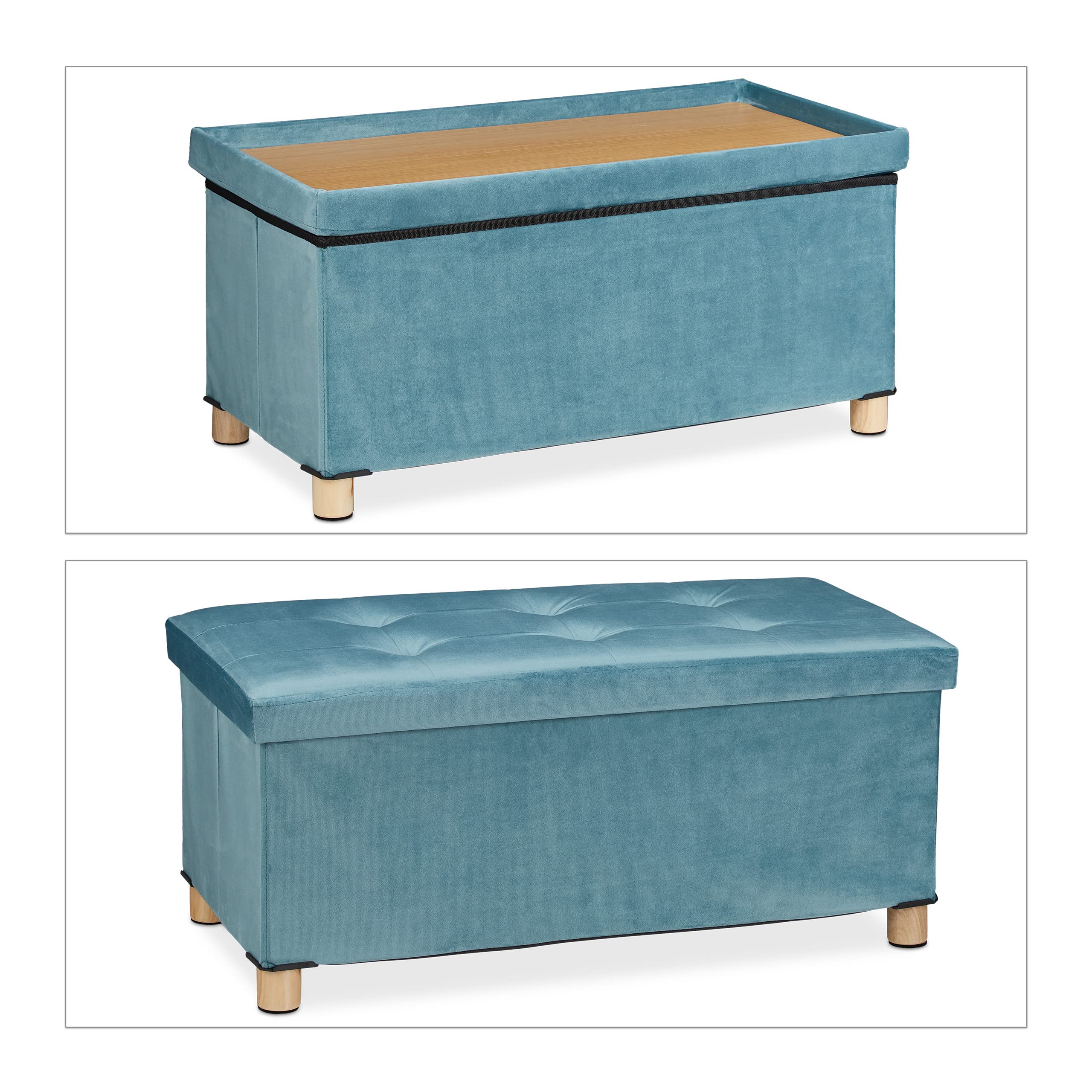Relaxdays Pouf con Contenitore Vassoio, HxLxP: 34x76x38 cm, Sgabello Portaoggetti Salvaspazio, Panca, Velluto, Turchese