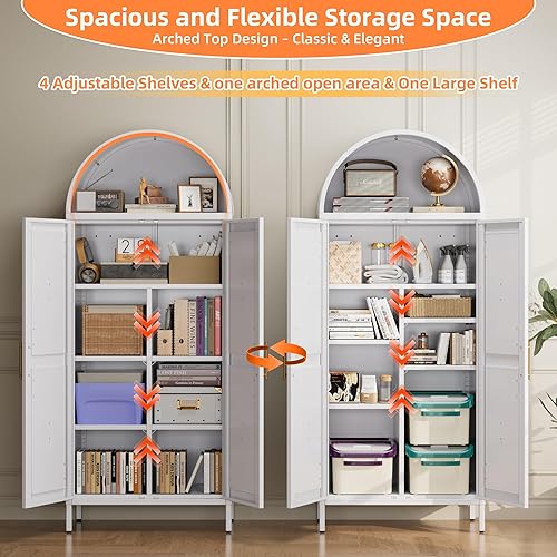 Miniatura 4 de Armario de despensa de cocina con arco de metal con 4 estantes ajustables, armario arqueado de granja con 2 puertas para cocina, dormitorio, sala de