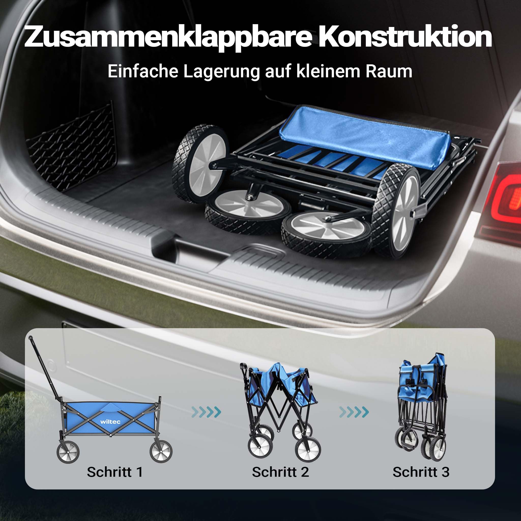 Wiltec Składany wózek transportowy niebieski do 68 kg obciążenia, kompaktowa przyczepka kempingowa, solidny wózek terenowy, turystyczny, ogrodowy