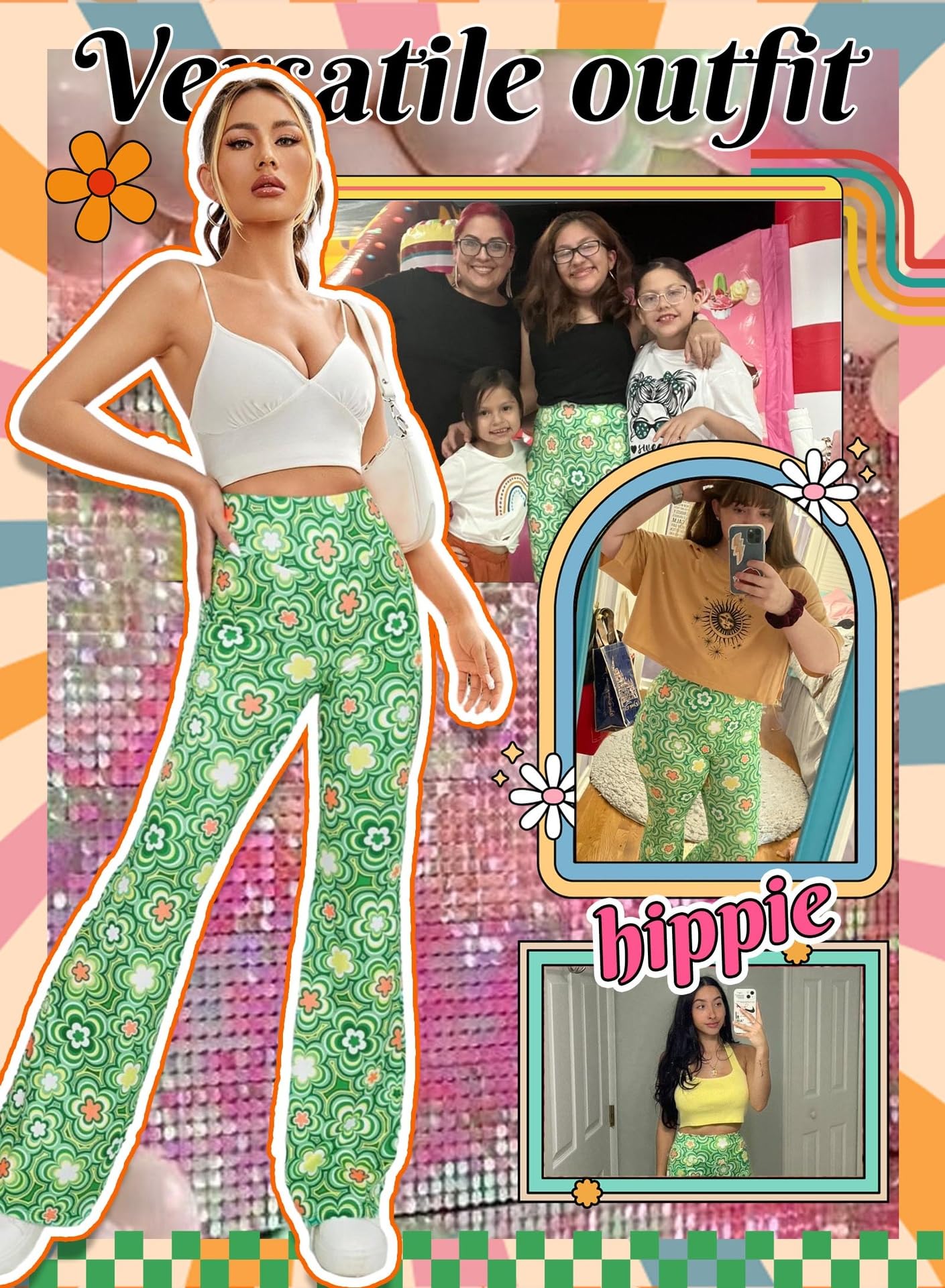 EVELUST 70er Jahre Schlaghose Für Damen – Boho 60er Hose Hippie Blumen High Waist Outfit Disco Kostüm Yogahose Leggings