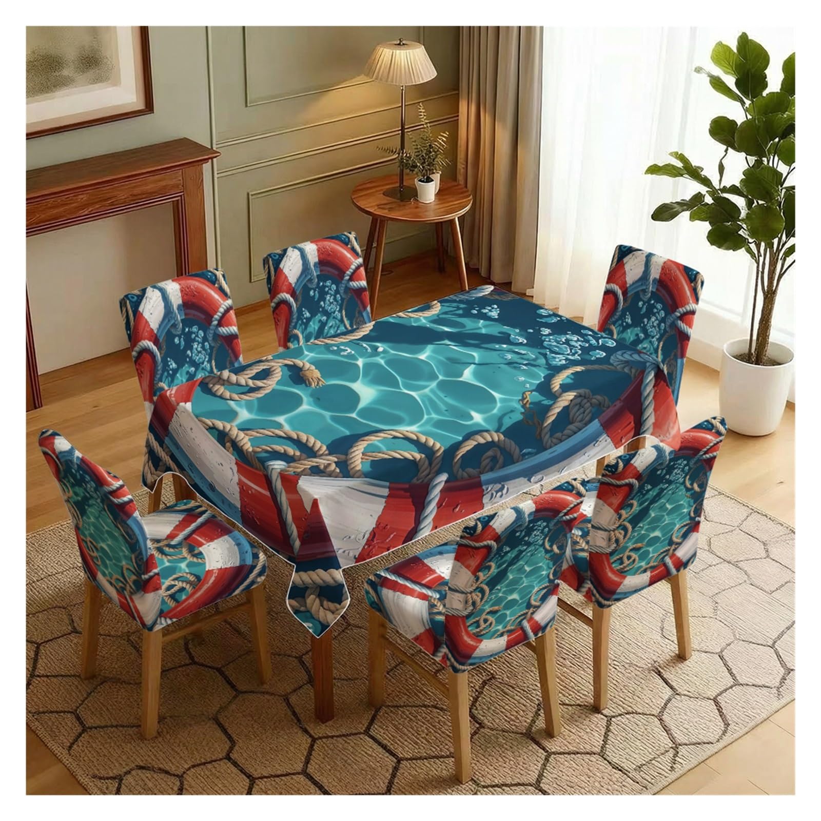 BOSUYBN Nautical Lifebuoy Ocean Dining Tablecloth & Chair Covers Set, 5/7 Piece Classic Red Blue Marine Coastal Decor Table Setting(7pcs Set: Tablecloth+Chair Covers)