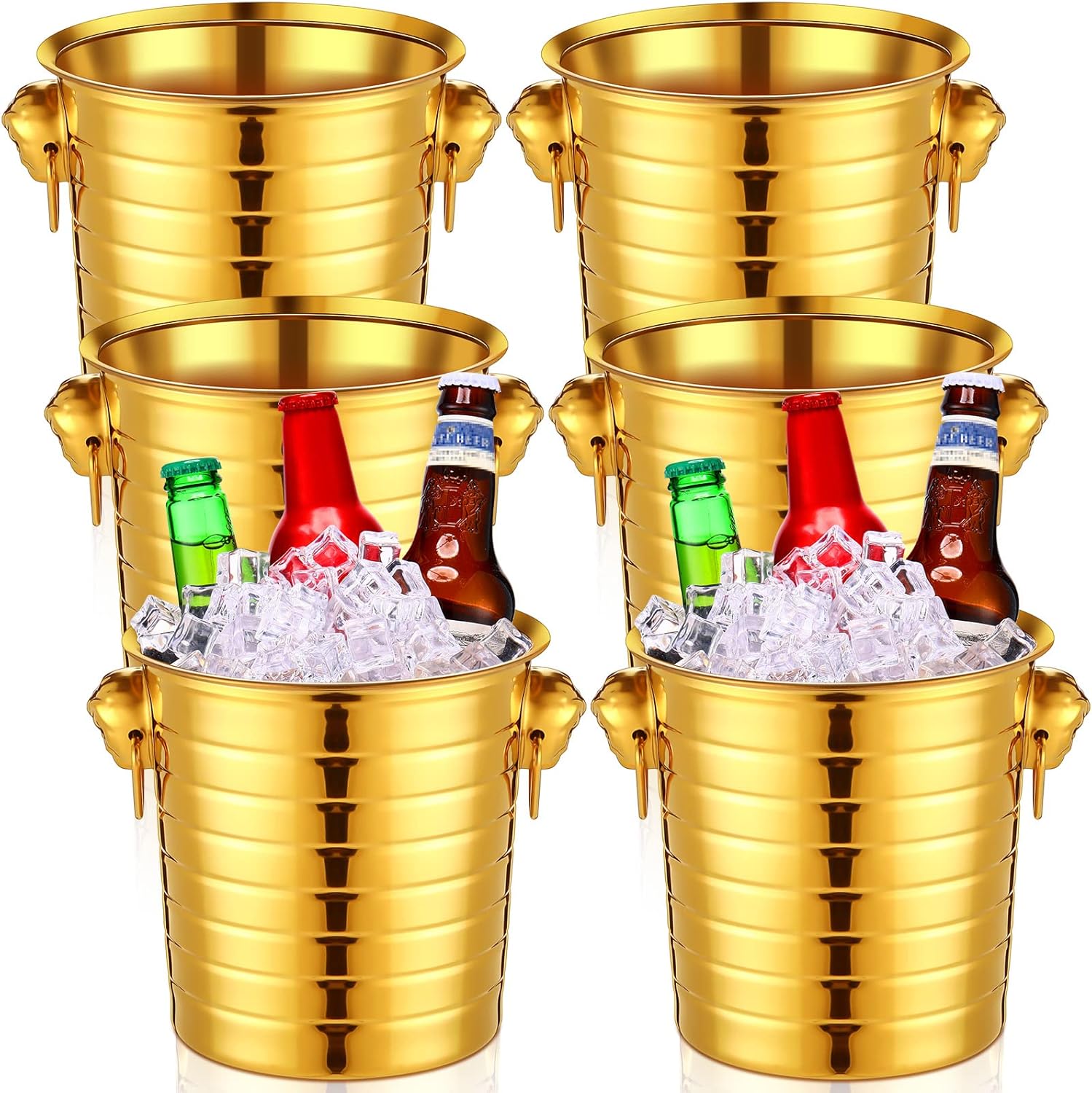 Pinkunn 6 Pack Stainless Steel Champagne Bucket 3 Qt Metal Ice Bucket Double Wall Wine Buckets with Handles Party Beverage Chiller for Champagne Beer Cocktail Wine Drinks Home Bar Accessories (Gold)