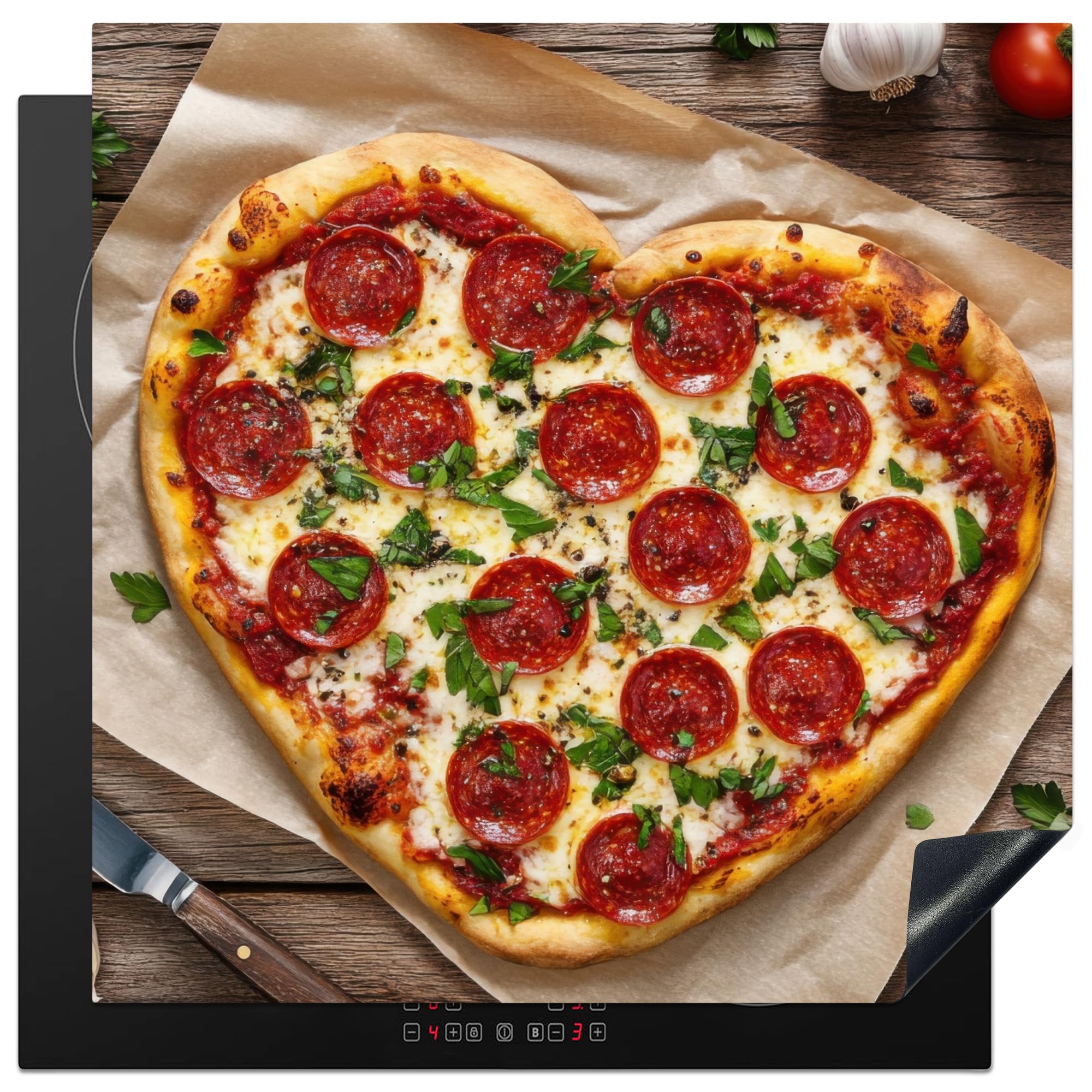 KitchenYeah© Induction Hob Cover Protector Mat 30.7"x30.7" / 78x78 cm Kitchen Universal Ceramic Covers for Electric Cookers Vinyl Pizza - Heart - Pepperoni - Tomato