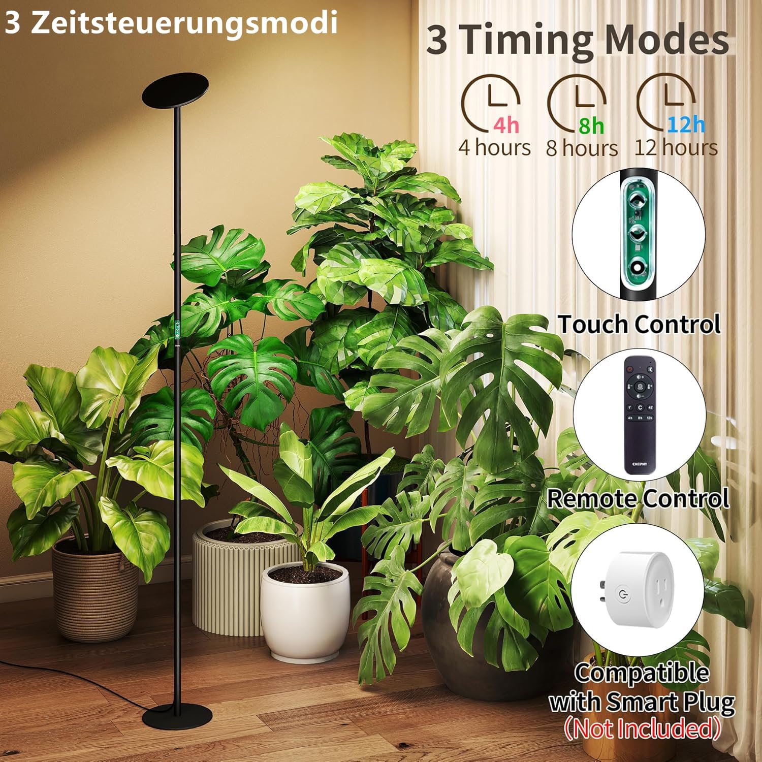 chiphy 60W 216cm Pflanzenlampe, Vollspektrum-Pflanzenlicht für Zimmerpflanzen, 4/8/12H Timer, 60W Grow-Lampe, 10 dimmbare Helligkeit, höhenverstellbar