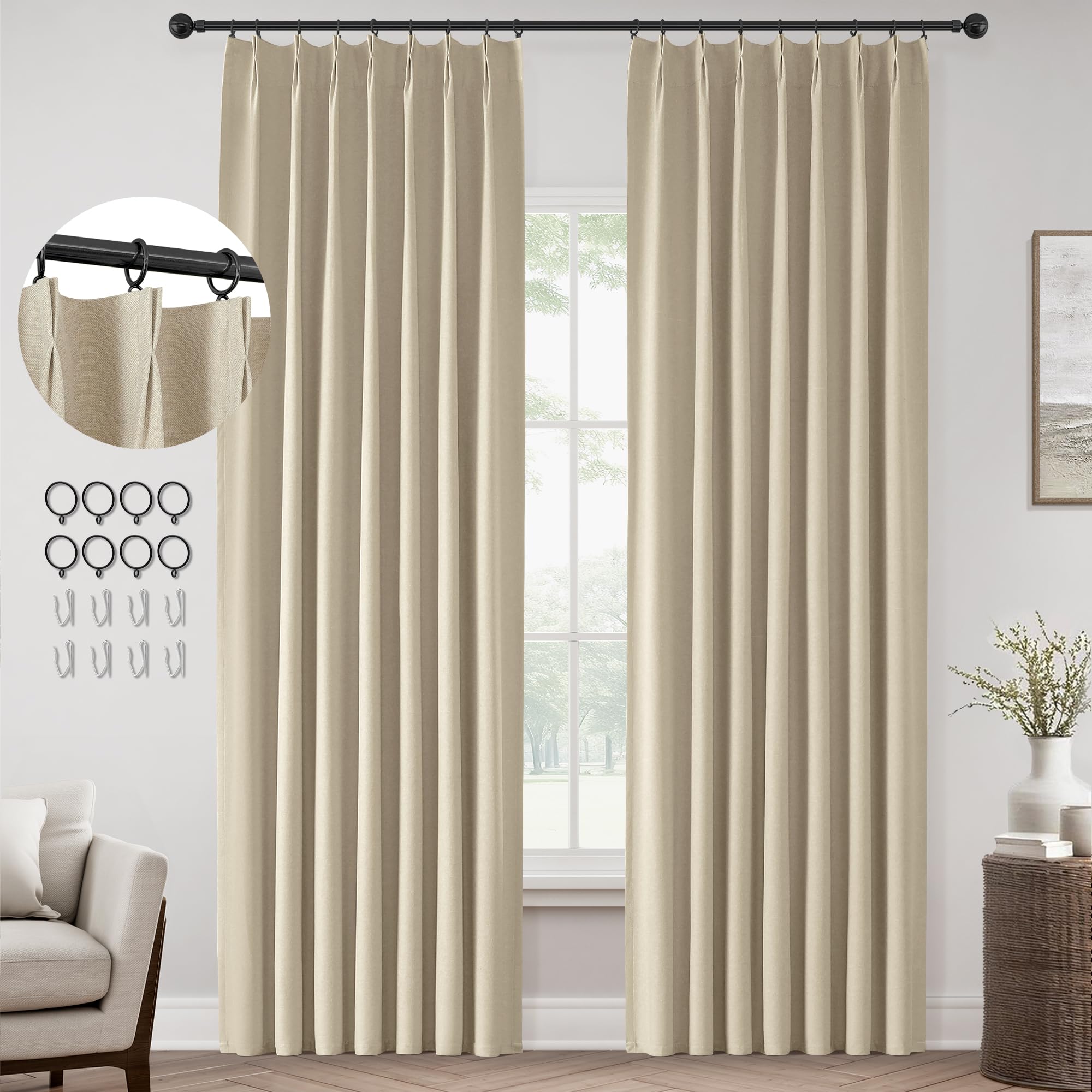 Natural Linen Blackout Curtains 90 Inches Long for Living Room Thermal Noise Cancelling Sliding Door Total Blackout Two Pages Pinch Pleated Curtains