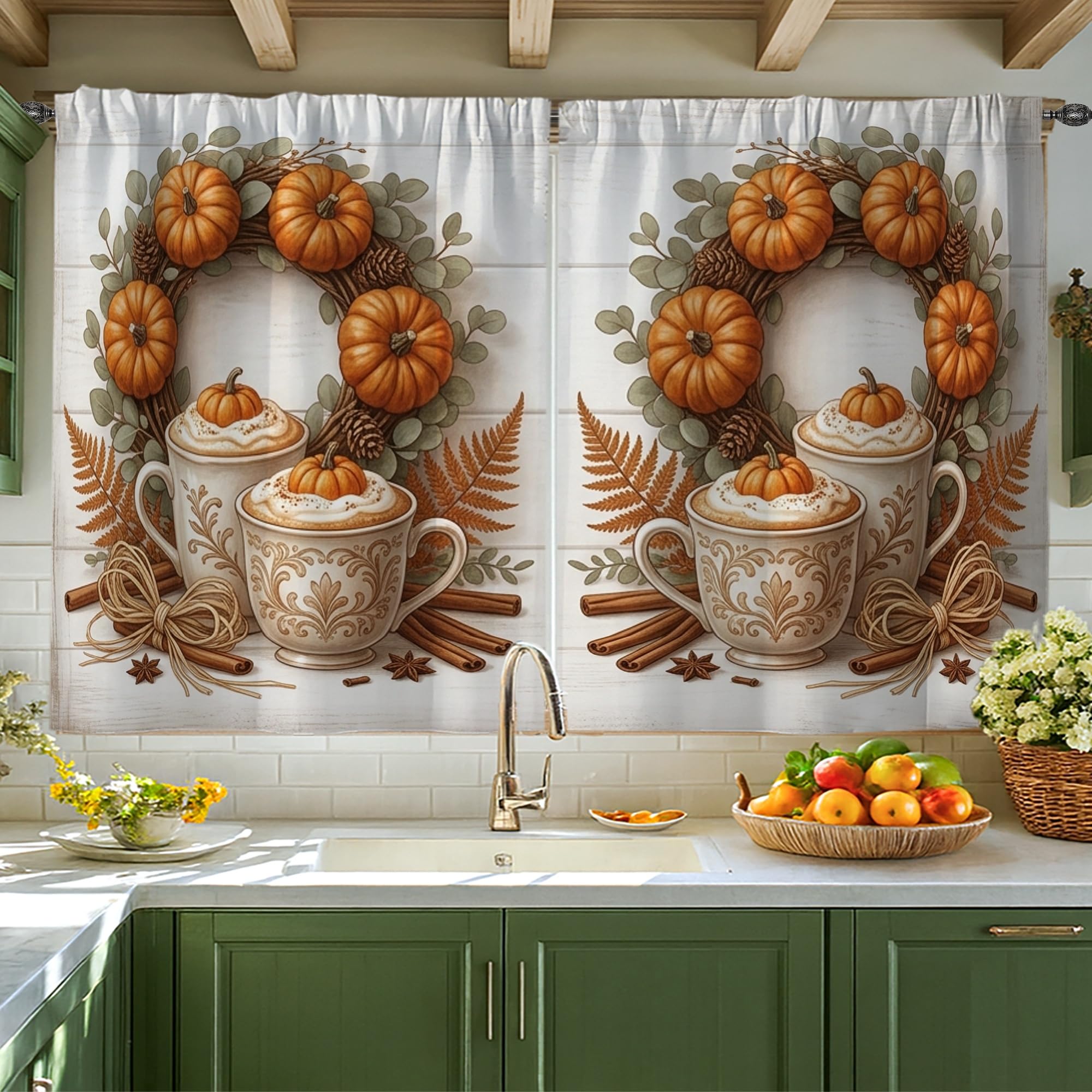Rideaux de cuisine filtrant la lumiere motif automne et citrouilles rustiques 106 x 114 cm