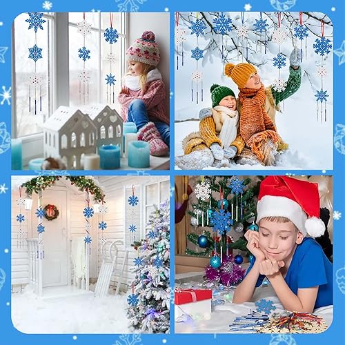 Miniatura 6 de Paquete de 12 carillones de viento para niños, kits de manualidades de Navidad, copos de nieve, campanillas de viento sin terminar de madera,