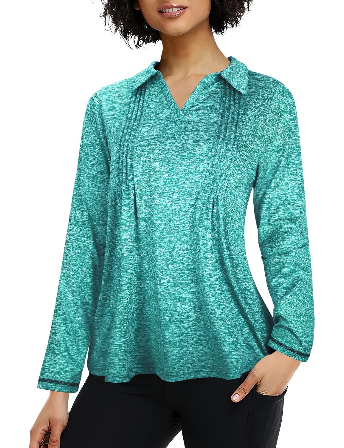 MISS FORTUNE Golf Polo Shirts for Women Long Sleeve Loose Fit V Neck Front Pleated Casual Work Quick Dry Shirt Green XXL