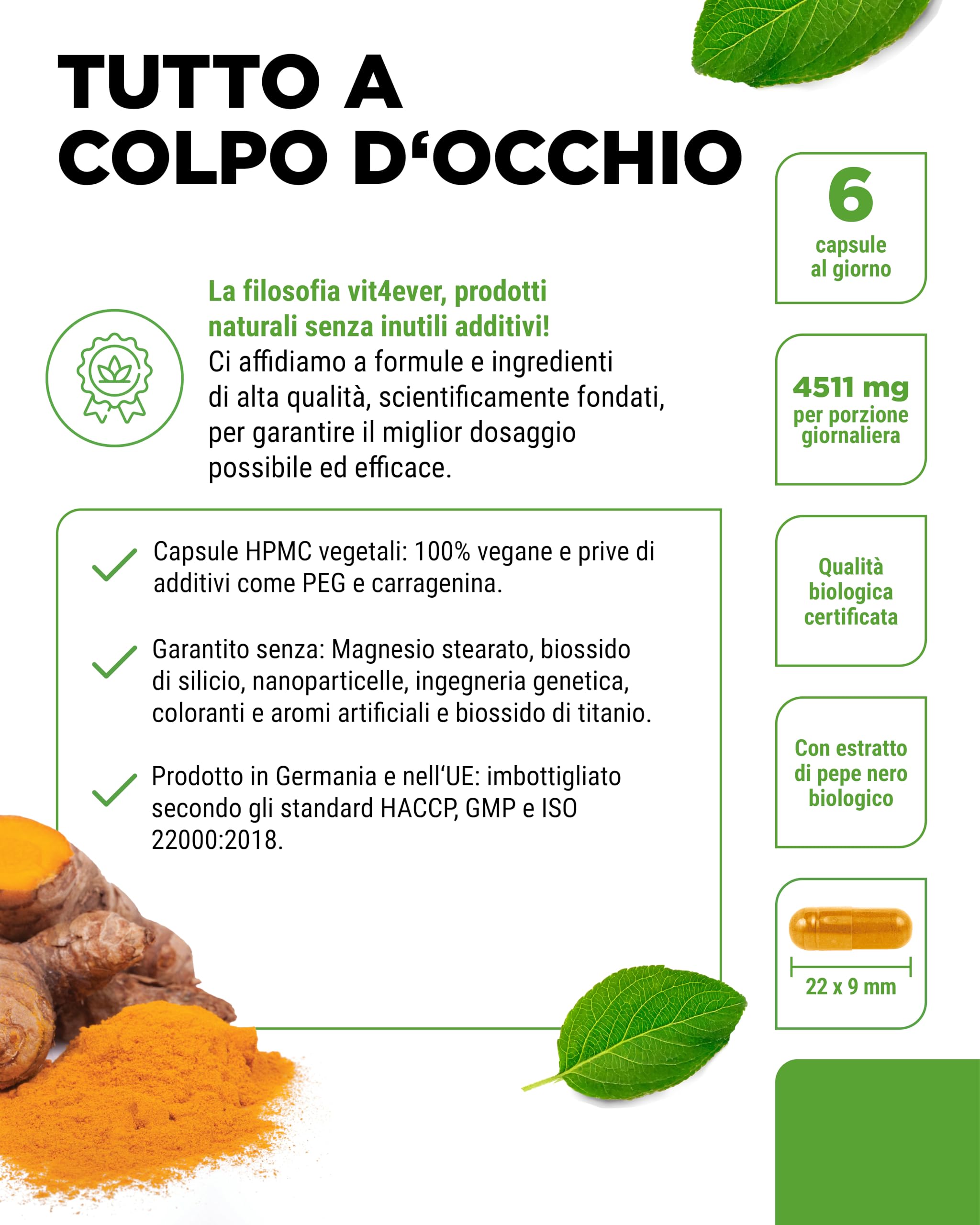 Curcuma organica con pepe nero - 365 capsule - 4511 mg di curcuma organica (Kurkuma) per dose giornaliera - con curcumina e piperina - 100% qualità organic - alto dosaggio - vegano