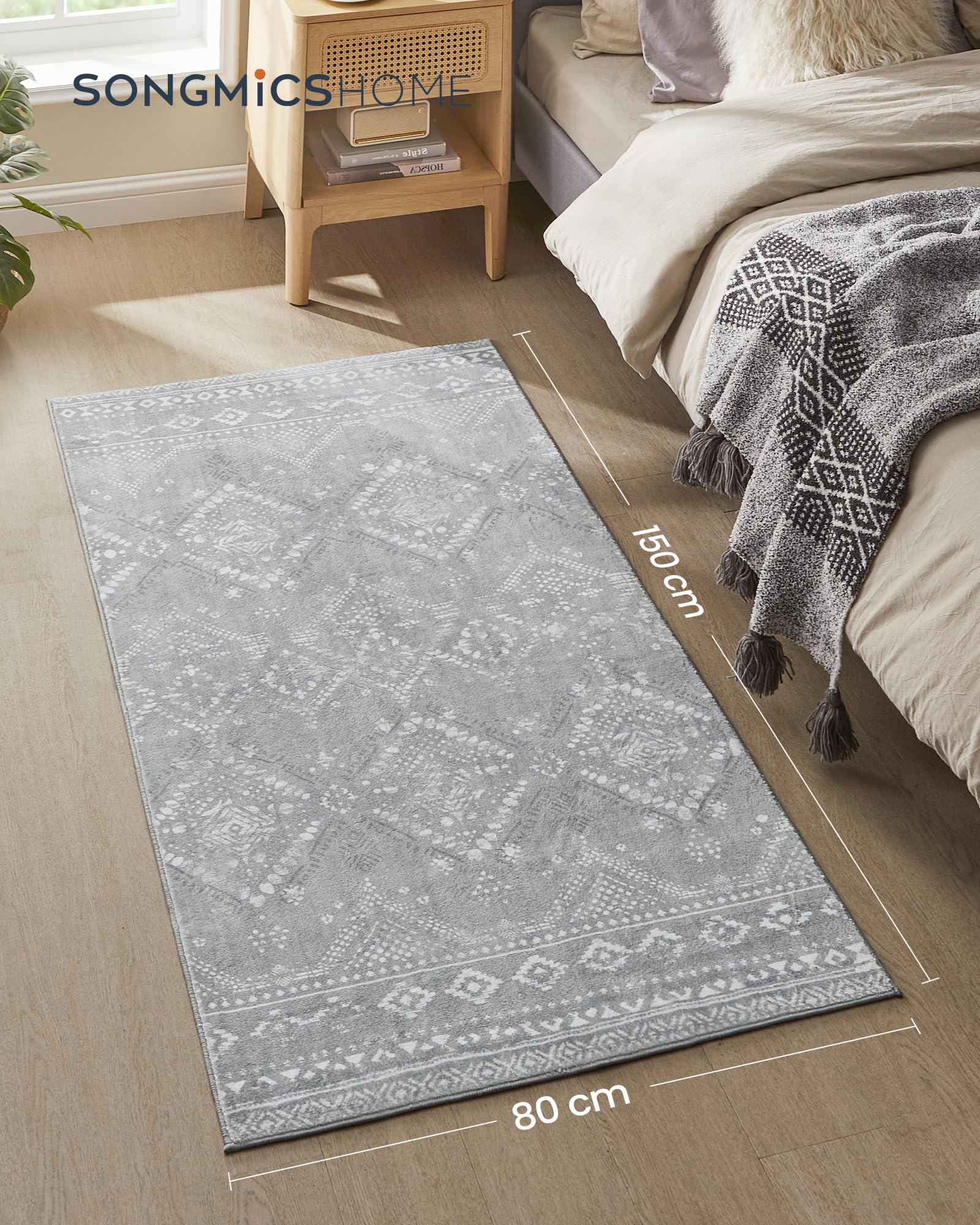 SONGMICS HOME Tappeto per Soggiorno, 80 x 150 cm Tappeto Salotto Antiscivolo, per Soggiorno Camera da Letto Cameretta, Lavabile in Lavatrice, Stile Boho, Grigio Chiaro TAR026G01V1