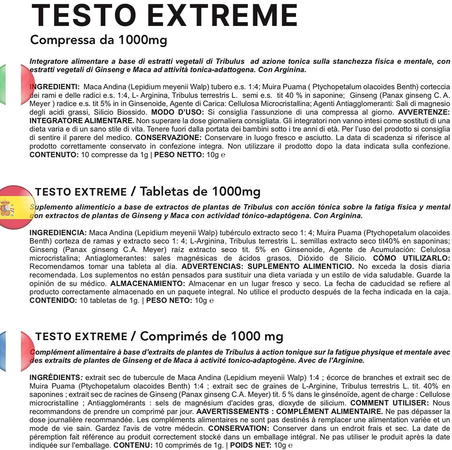 EXTREME 1000 MG | 10 Cpr. Senza Alcuna Controindicazione | Made In Italy | Energizzante Naturale con Tribulus, Maca, Muira Puama, Ginseng e L-Arginina