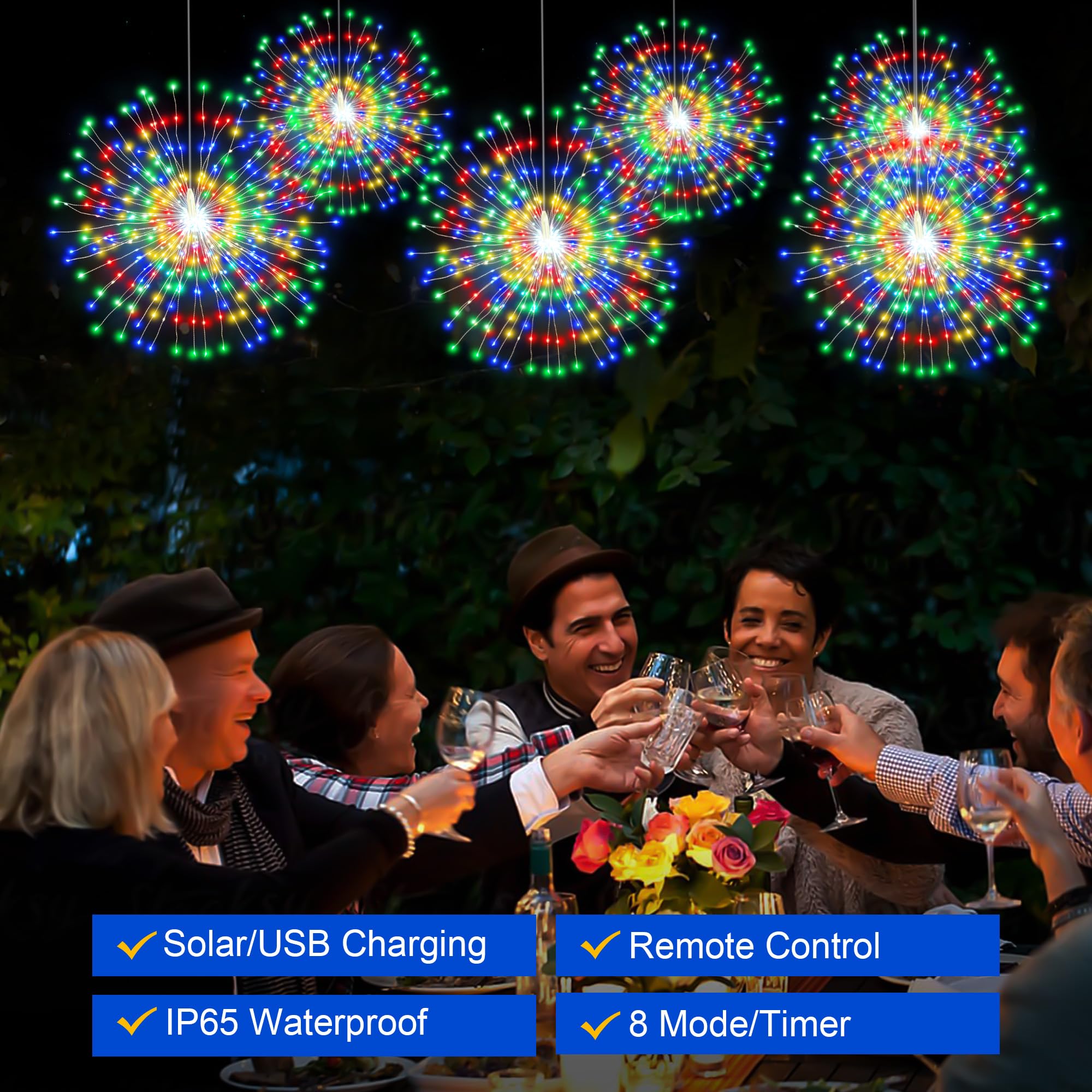 Solar-Feuerwerk-Hängeleuchte, 3-in-1, 600 LEDs, Weihnachtslicht für den Außenbereich, mit USB, wiederaufladbar, 8 Modi, wasserdicht, Solar-Lichterkette für Pavillon, Hof, Party, Hochzeit, Dekorationen