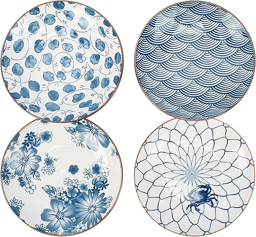 Juego de 4 platos de ensalada pequeños de cerámica, platos japoneses de 7 pulgadas (13 onzas) para aperitivos de sushi, platos de postre para pastel