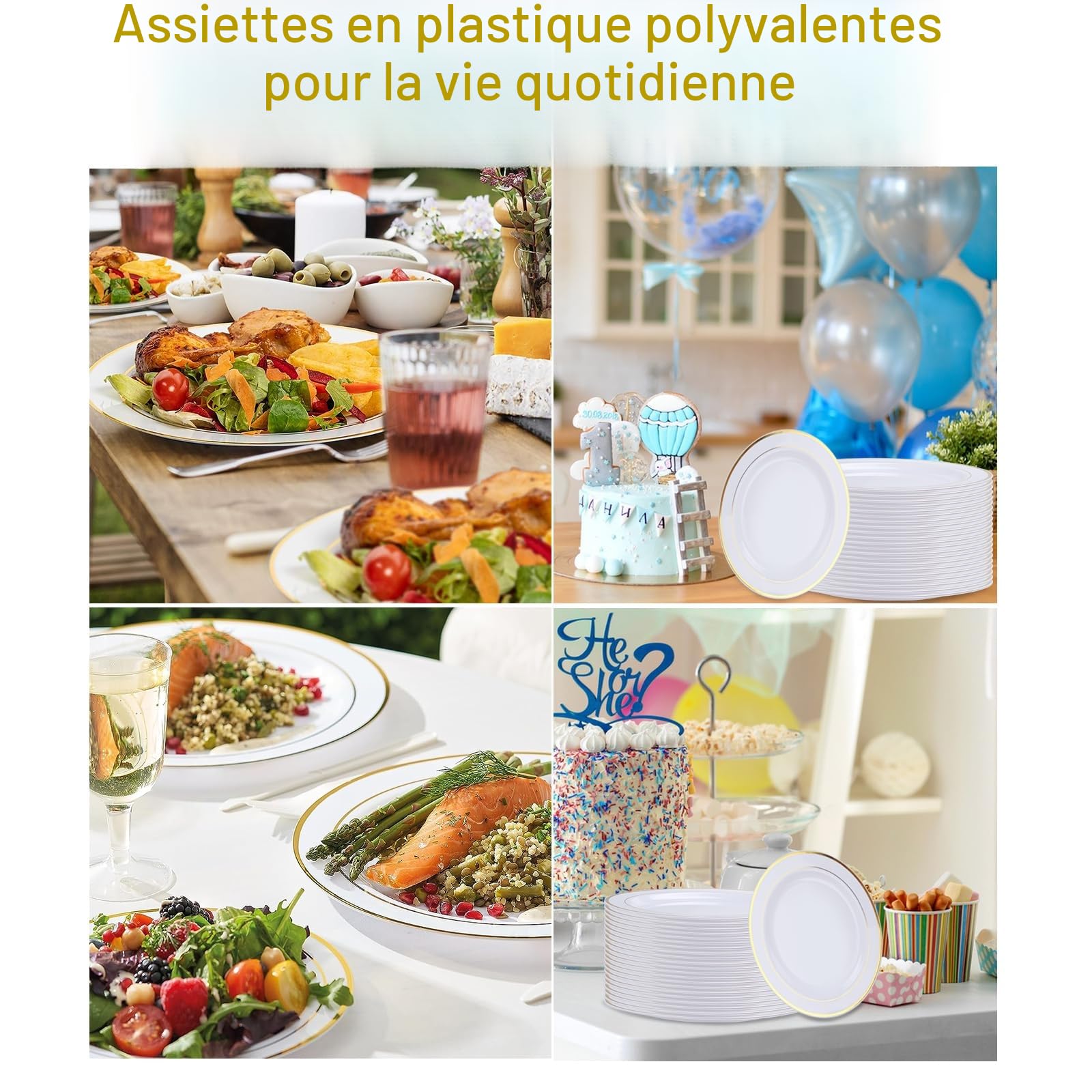 Assiettes en Plastique Réutilisables Blanches de 26 cm - Lot de 40 pour Fête (Blanc & Or)