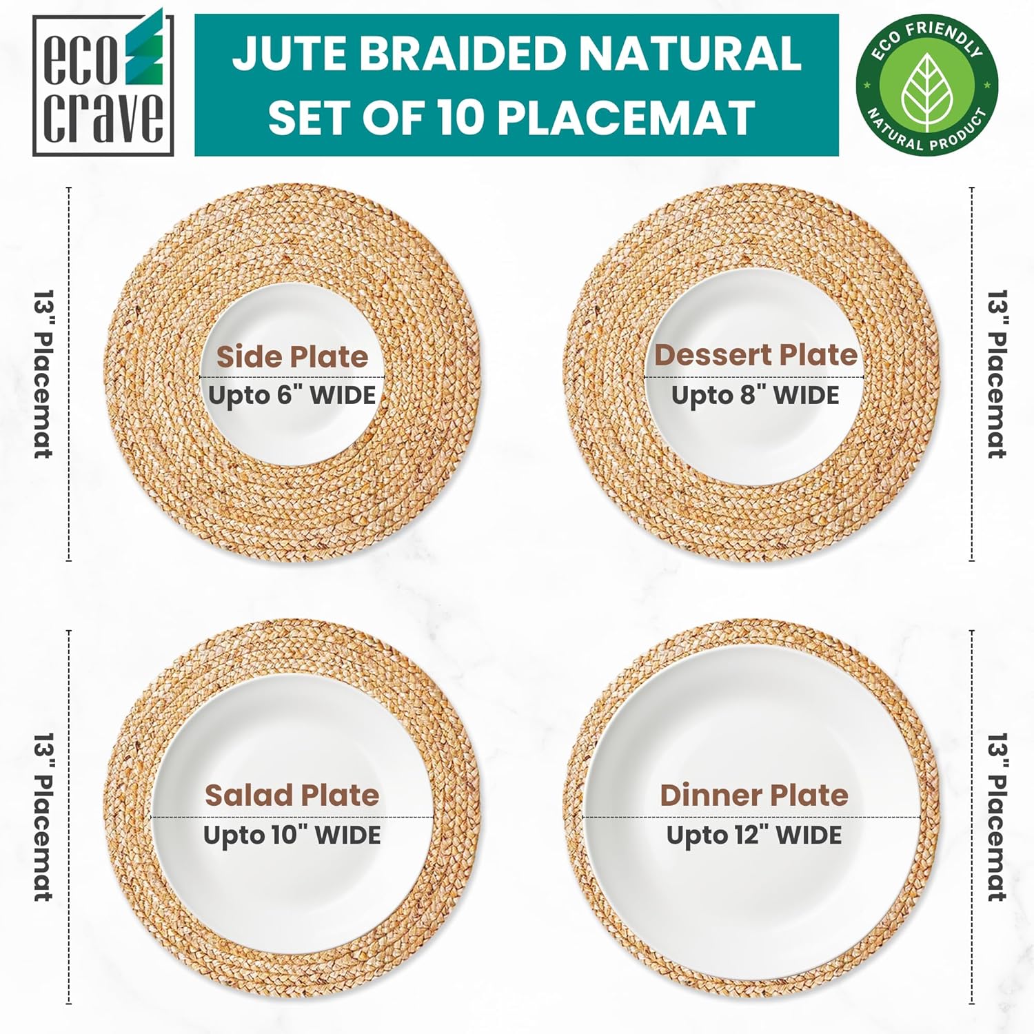 Eco Crave 13 Inch Round Woven Placemats Plate Chargers Set of 10, Boho Farmhouse Rustic Woven Place Mats for Dining Table Decor, Rattan Wicker Table Mats Jute Braided Chargers for Dinner Plates