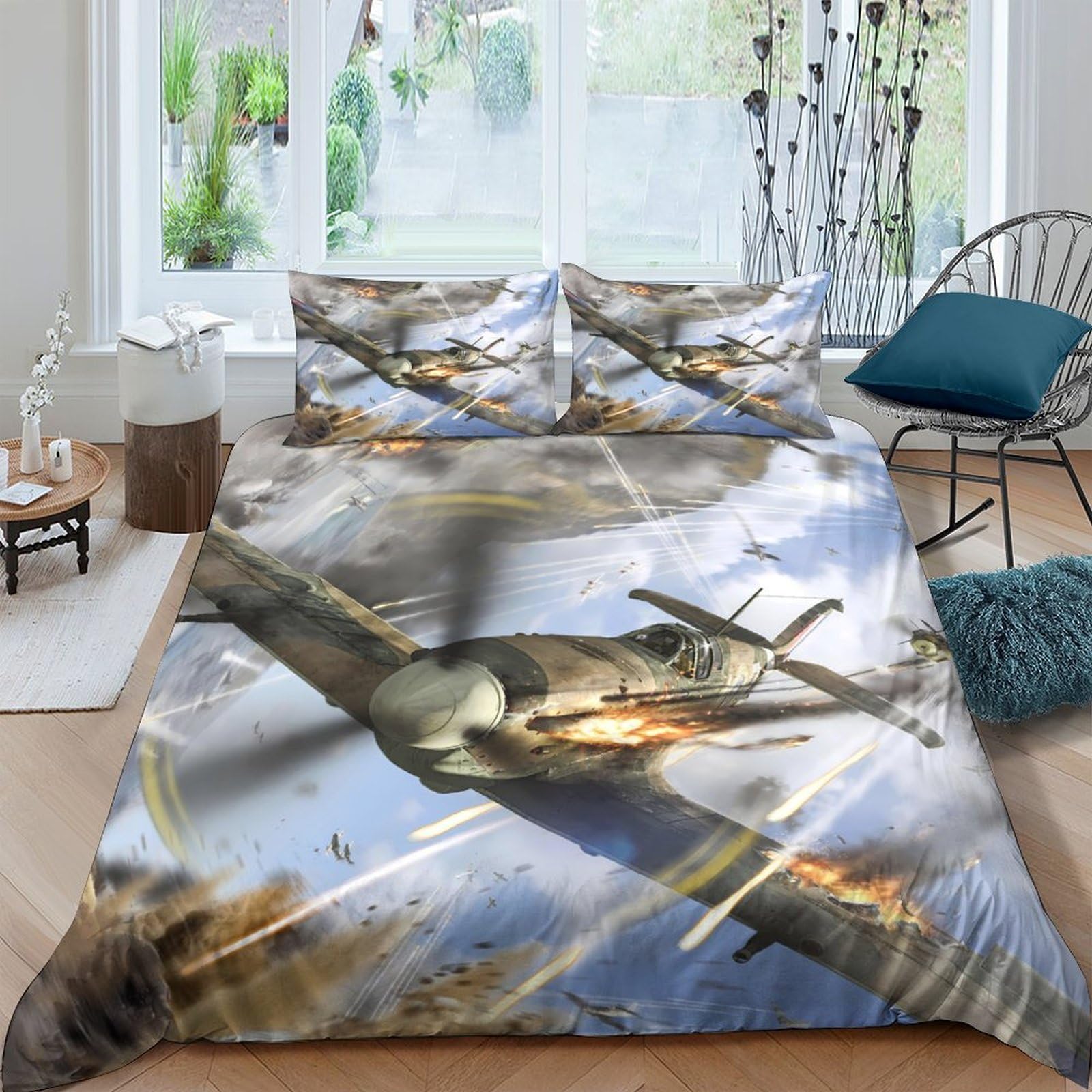Ctjqhvkz Style-1 3D Printed Fighter Plane Fitted Sheet Microfiber Soft Breathable Dogfight Bed Cover For Bedroom Dorm Mattress Decor Single（135X200cm）