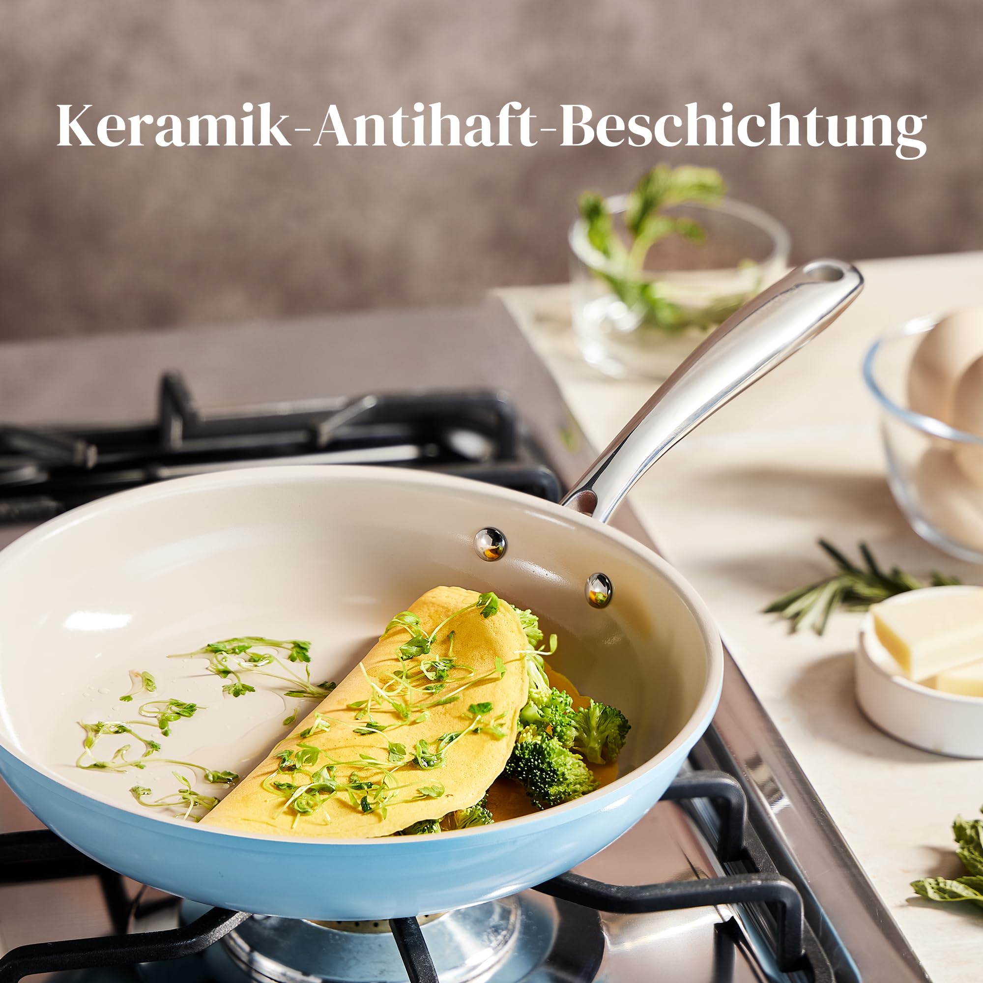 Redchef Pfanne Induktion 24cm, Antihaft Beschichtung Keramikbeschichtung Bratpfannen mit Edelstahlgriff, PTFE-frei PFOA-frei PFAS-frei, Backofenfest, Spülmaschinenfest, Blau