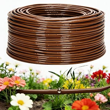 1/4" Drip Irrigation Tubing with 6" Emitter Spacing, 650 Ft Roll Hydroponics Dripline with Built-in 0.5 GPH Dripper, Saving 80% Water, Drip Line for Garden Irrigation and Raised Beds Brown
