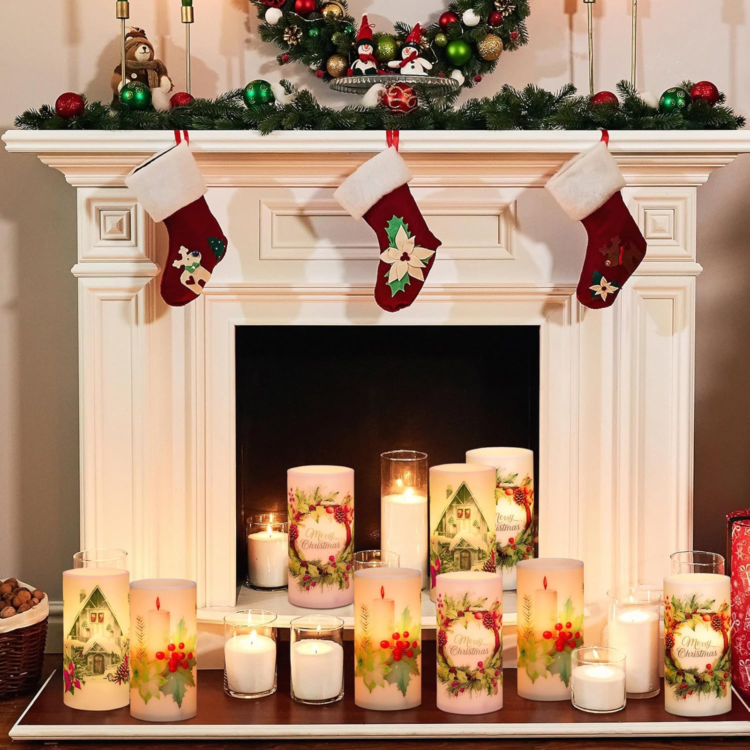 Retisee 3 Pcs Farmhouse Christmas Flameless Candles with Remote Rustic Christmas Battery Operated LED Candles Farmhouse Xmas Decor for Rustic Xmas Holiday Dining Table Bedroom Living Room