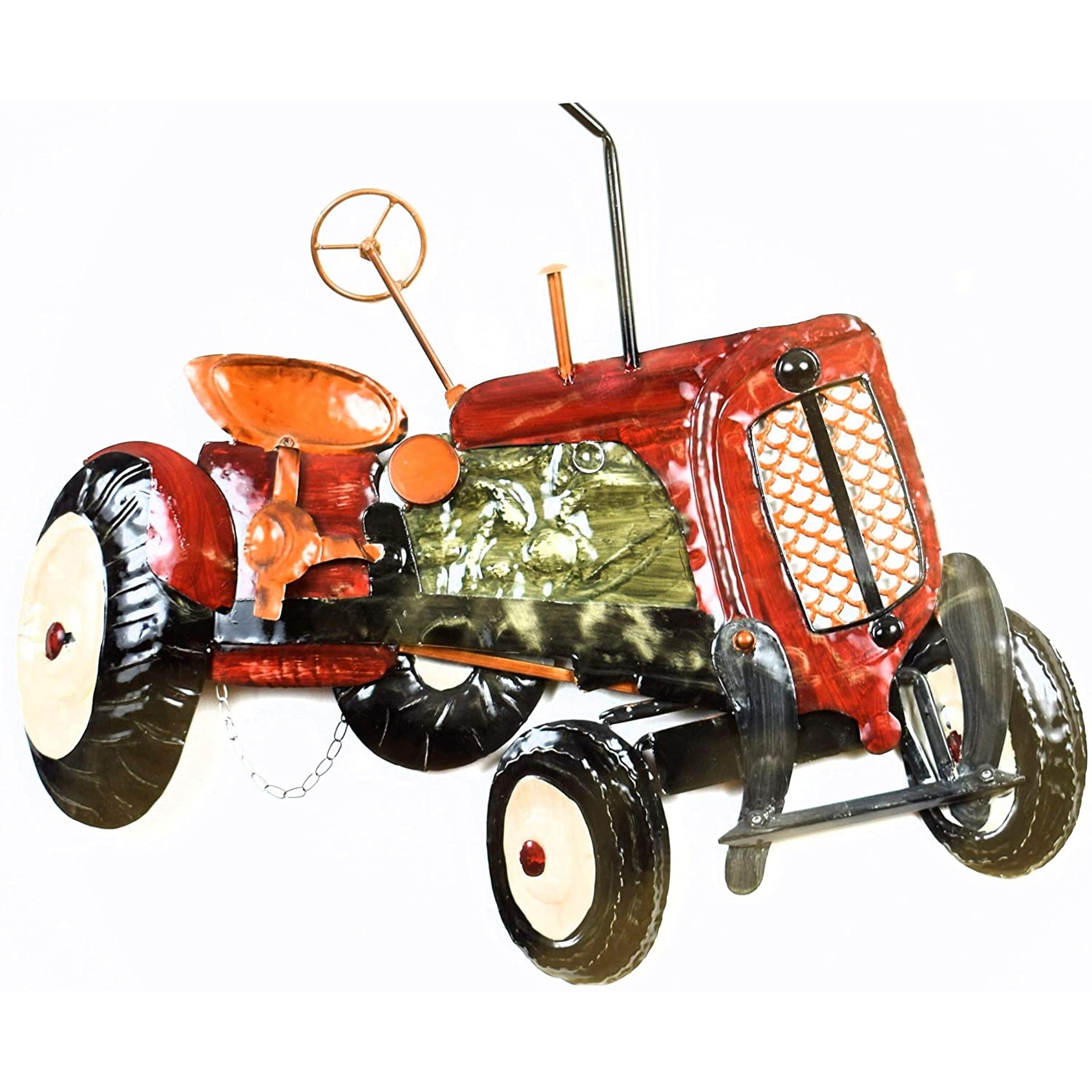 Metalowy traktor dekoracyjny ścienny - Kolor czerwony i czarny - Tabliczka dekoracyjna do domu - styl retro, vintage - metalowa tablica ścienna - Dekoracja wnętrz do powieszenia na ścianie - 67 X H. 56 cm