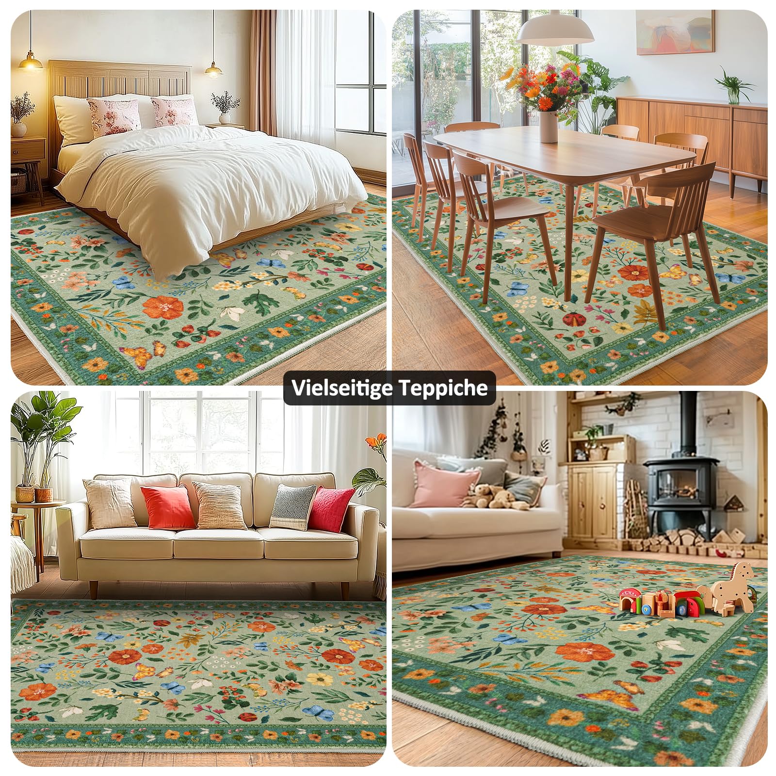 MAST DOO Teppich Wohnzimmer Waschbarer 140x200cm, Boho Blumen Kurzflor Wohnzimmerteppich Groß Teppich für Esszimmer Schlafzimmer Büro, Waschbar rutschfest Teppiche Blumen Design Carpet, Grüne
