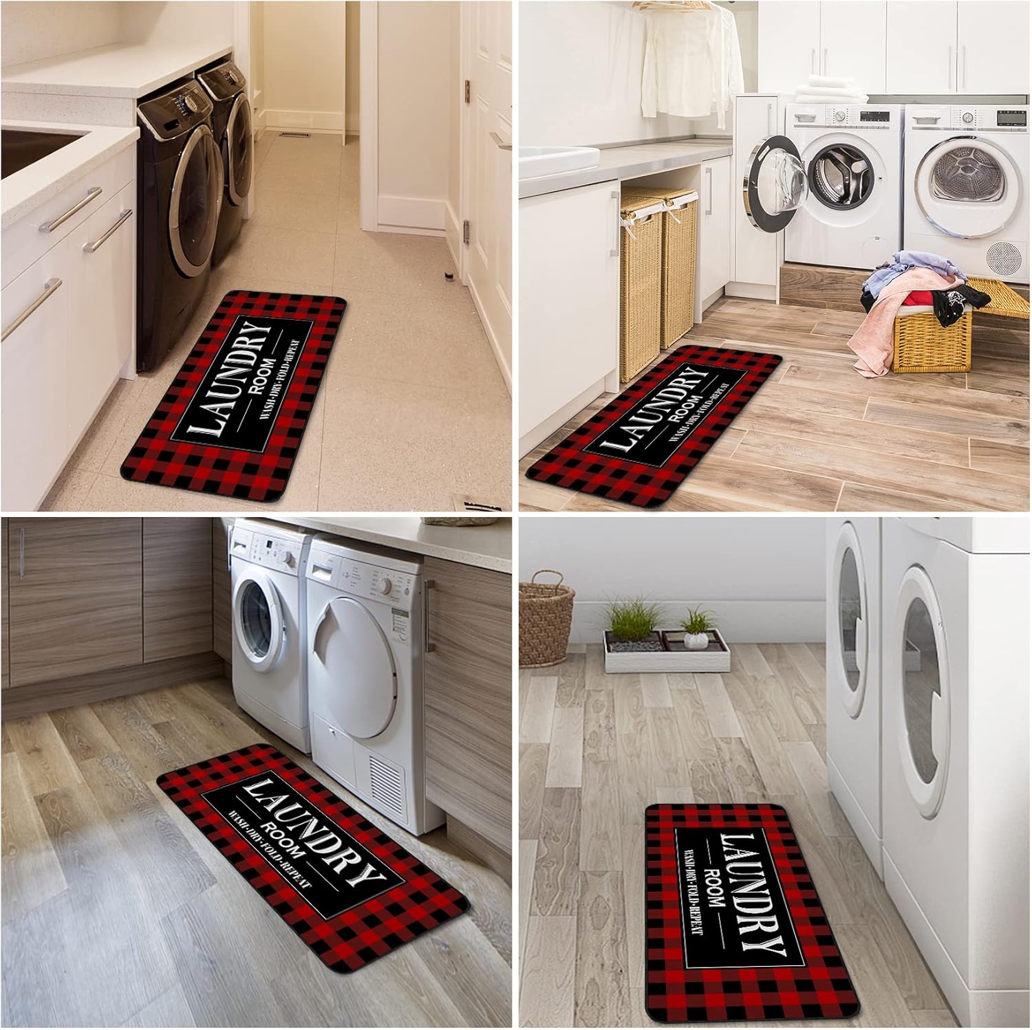 ROMAMIGO Laundry Room Rug Runner Non Slip Laundry Mats Mudroom Laundromat Runner Farmhouse Kitchen Floor Mat Bathroom Laundry Room Decor Accessories(20 X 47 inch, Red Buffalo Plaid)