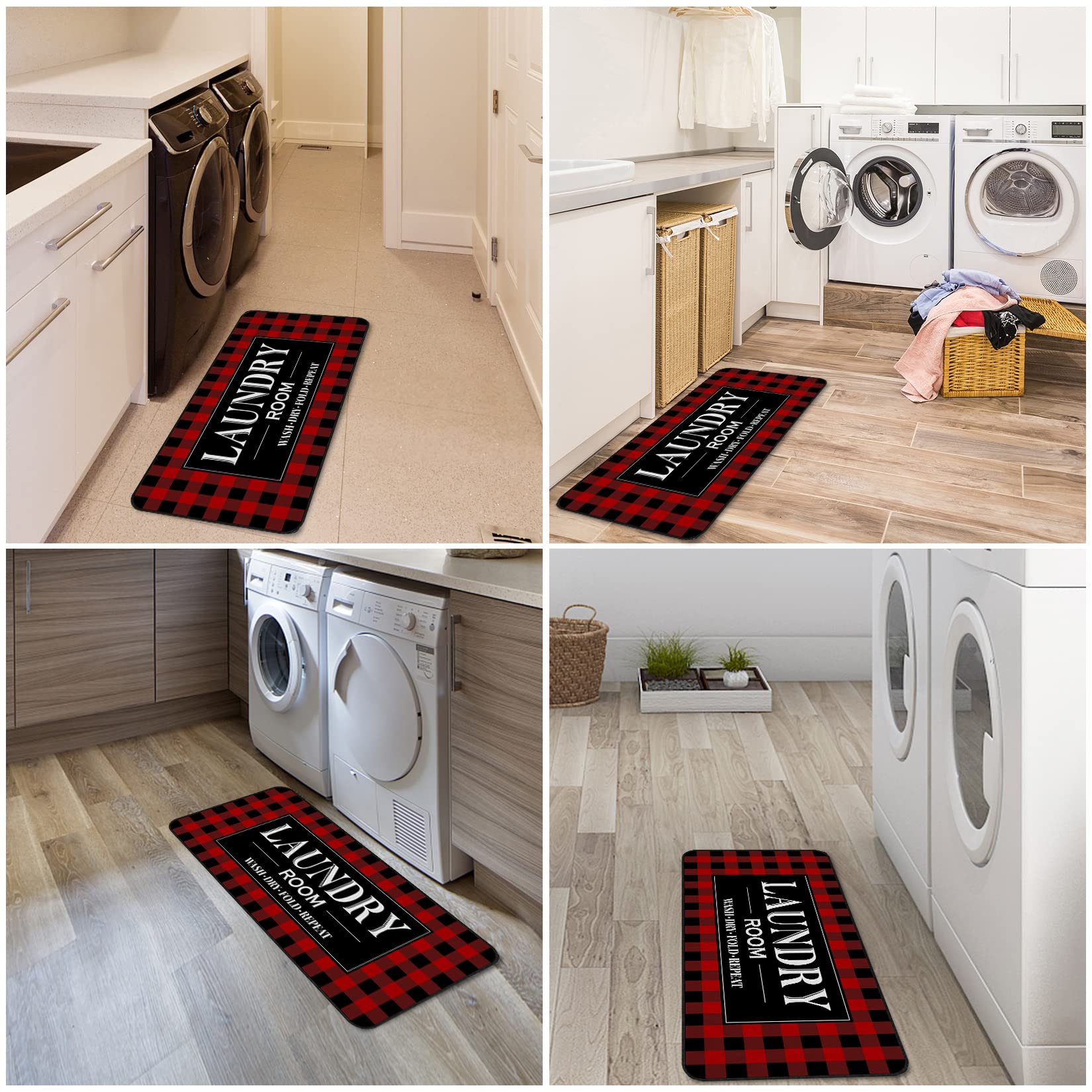 ROMAMIGO Alfombra antideslizante para cuarto de lavado, tapete de lavandería, tapete de cocina, tapete de baño, accesorios de decoración (20 x 47 pulgadas, cuadros rojos de búfalo)