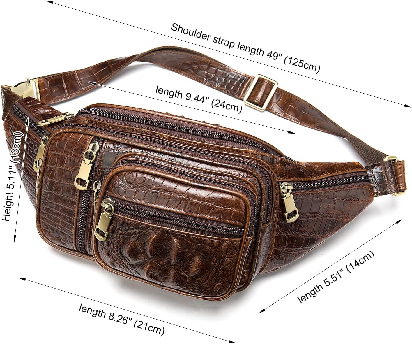 Genuine Leather Fanny Pack large capacity Crossbody Waist Bag with Zipper phone Pockets crocodile coffee - Image 7