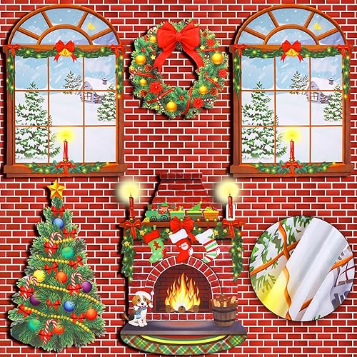 VitalCozy 6 piezas de fondo de fotografía de chimenea de Navidad, pared de ladrillo y ventana, telón de fondo de invierno con árbol de Navidad,