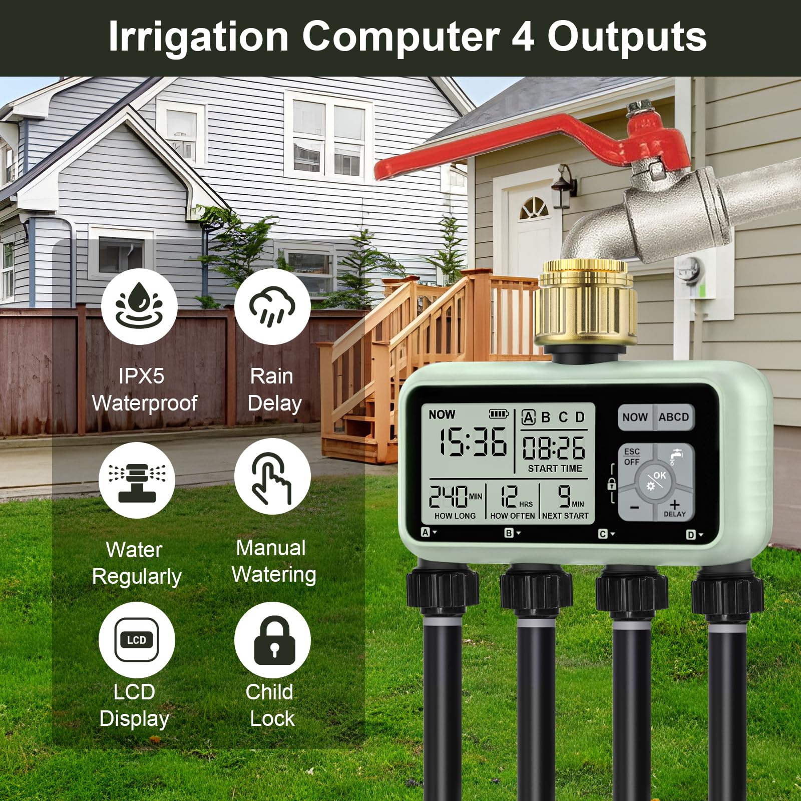 Johgee Programmatore di irrigazione, 4 uscite con ingressi in ottone, timer digitale dell'acqua con ritardo pioggia, controllo automatico/manuale dell'irrigazione per giardino e prato