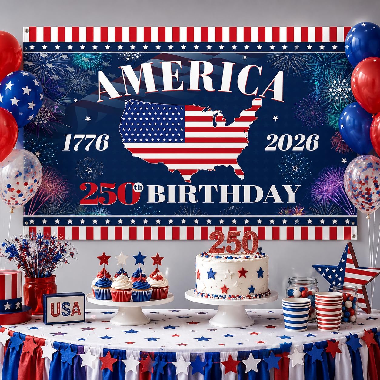 MEHOFOND America 250th Birthday Banner, 250th Anniversary USA Flag Backdrop,Fireworks 250 Anniversary Banner, 4th of July Patriotic Independence Day Decorations Fourth of July Memorial Day Supplies image 2