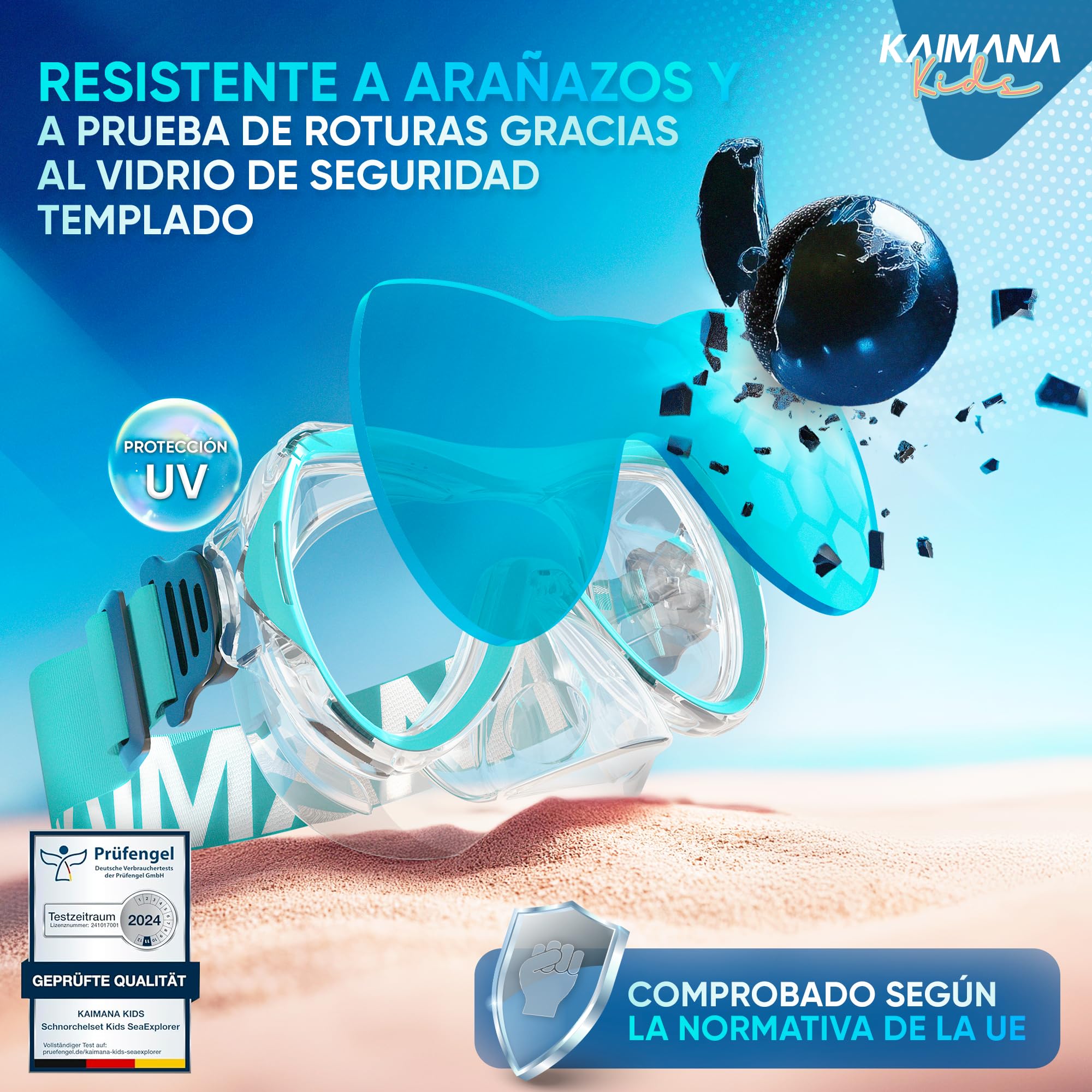 KAIMANA® SeaExplorer Gafas Snorkel Niño y Tubo + Bolsa – Set Snorkel Niño 3-10 Años – Gafas de Buceo con Tubo y Cinta Textil – Gafas de Bucear con Nariz y Máscara Buceo Niño 4 años