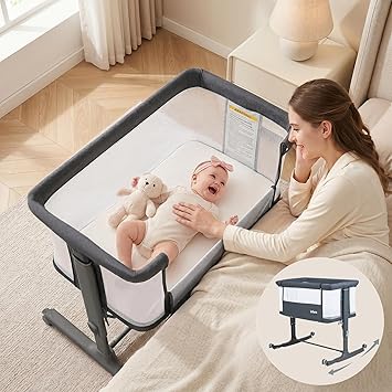 INFANS 3 in 1 Baby Bassinet, Bedside Sleeper for Newborn, Folding Crib with Mattress, Travel Bag, Wheels, 4-Sided Mesh, Easy to Assemble Cradle Co Sleeper Stationary, Rock Dark Grey