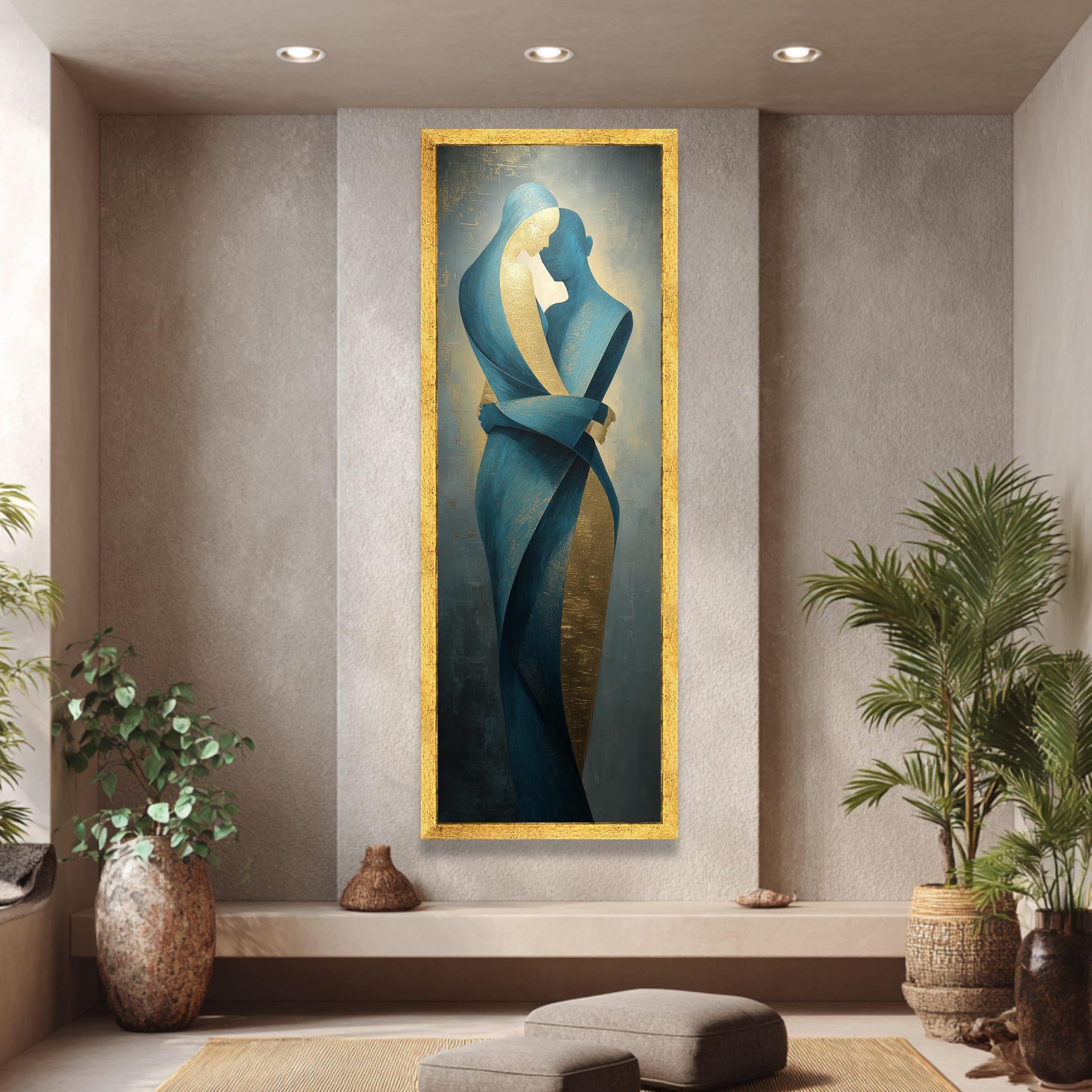 TONGYINLI Cuadro largo y estrecho para pared, lienzo abstracto con la imagen de amantes abrazándose, pintura al óleo romántica sobre lienzo, silueta de pareja (70x210cm/marco interno)