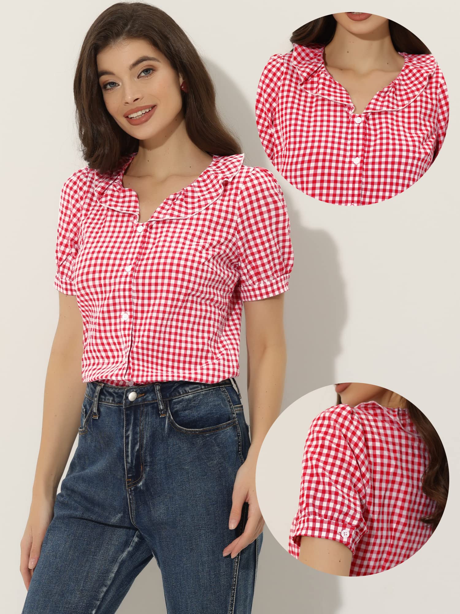 Allegra K Women's Gingham Plaid Shirts, Plaid Top for Women, Ruffle Collar Blouse, Short Sleeve Checked Shirt Tops