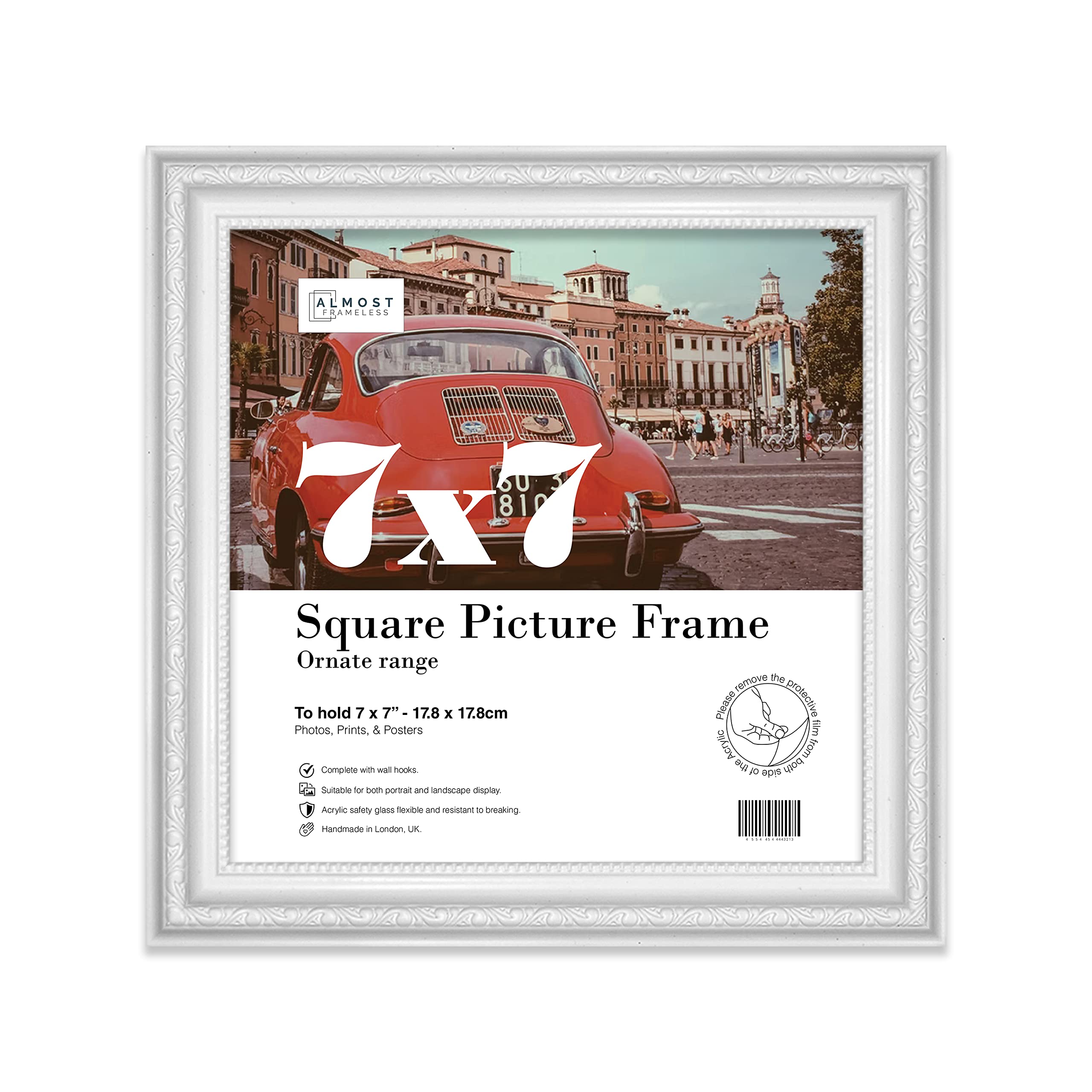 Almost Frameless 7x7 White Ornate Picture Frame 7"x7" (17.8x17.8cm) Poster, Photo, Artwork, or Print. Elegant Style Portrait and Landscape Display with Wall Hooks