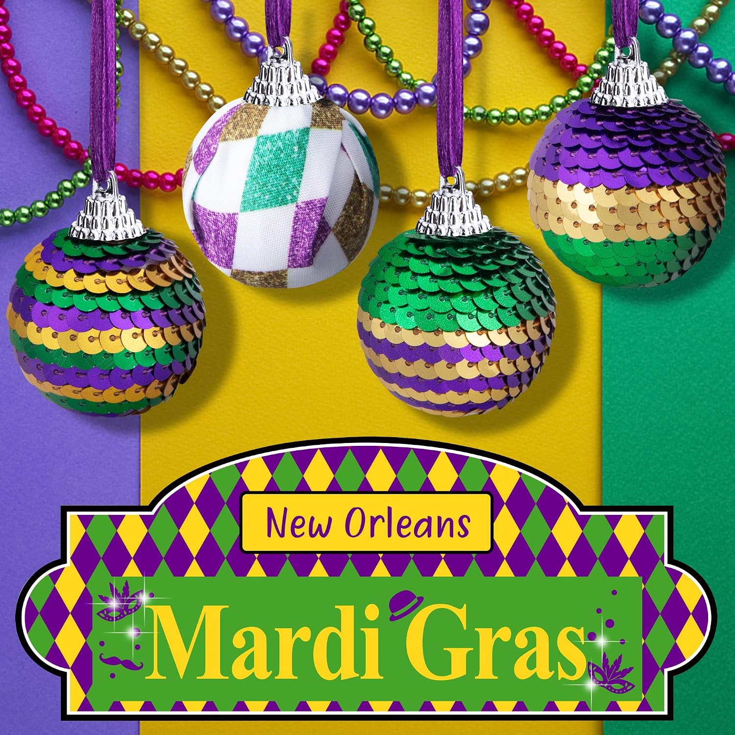 24Pcs Mardi Gras Sequin Ball Ornaments, 1.5" Purple Gold Green Hanging Ball