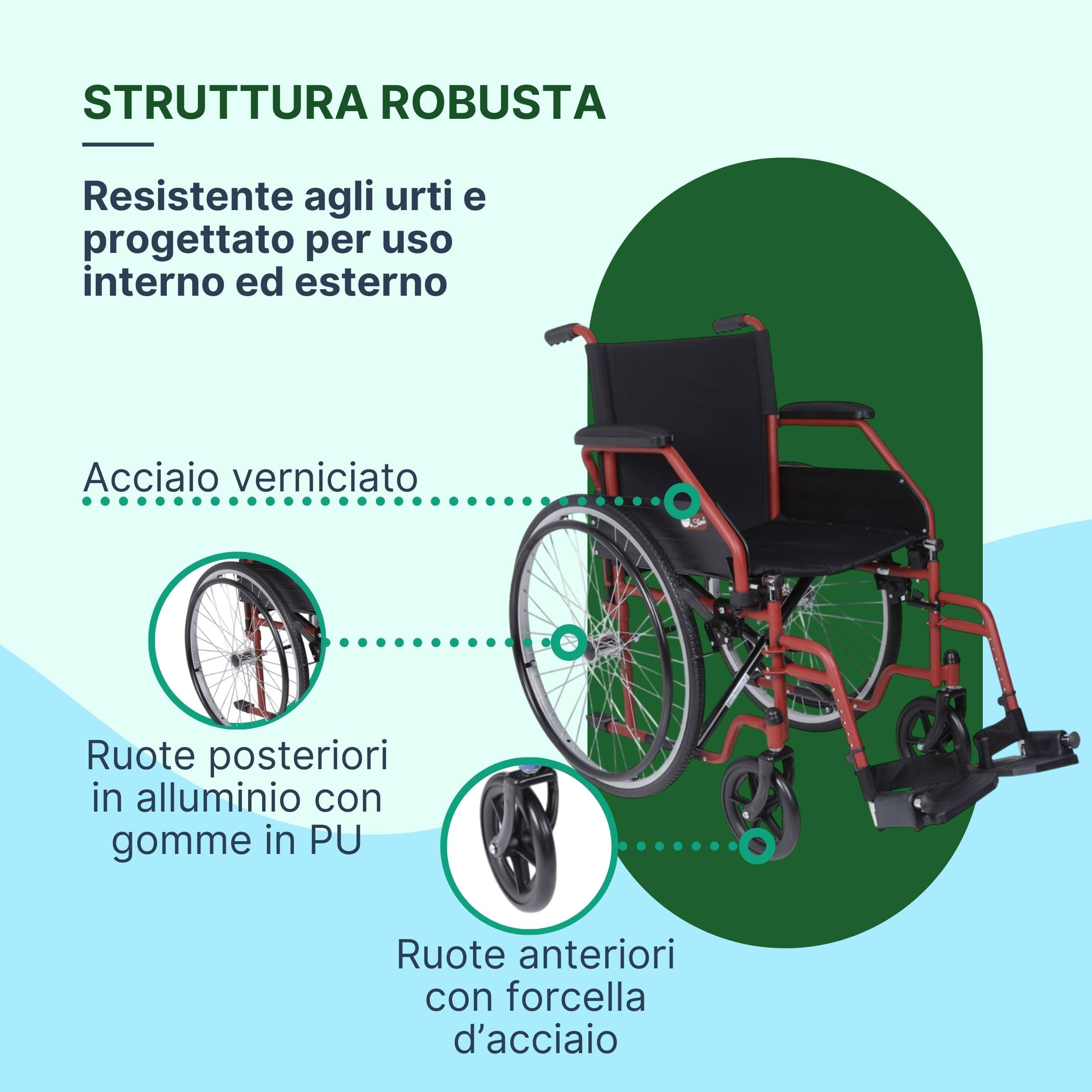Sedia a Rotelle Pieghevole Leggera ad Autospinta, Carrozzina per Disabili in Acciaio, Portata Massima 120 kg - Seduta 45 cm, Rossa